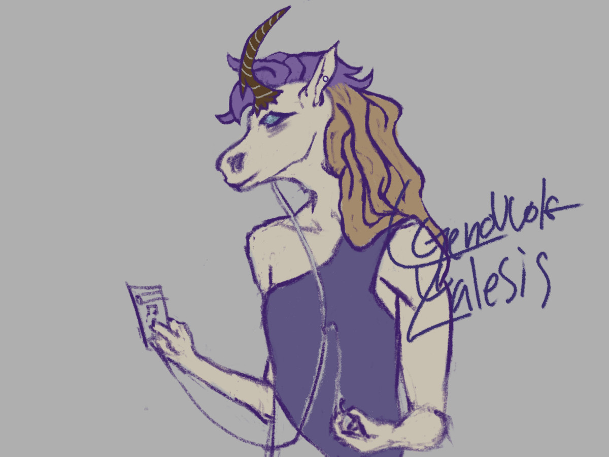 an anthro unicorn, mildly creepy, listening to an old ipod looking thing