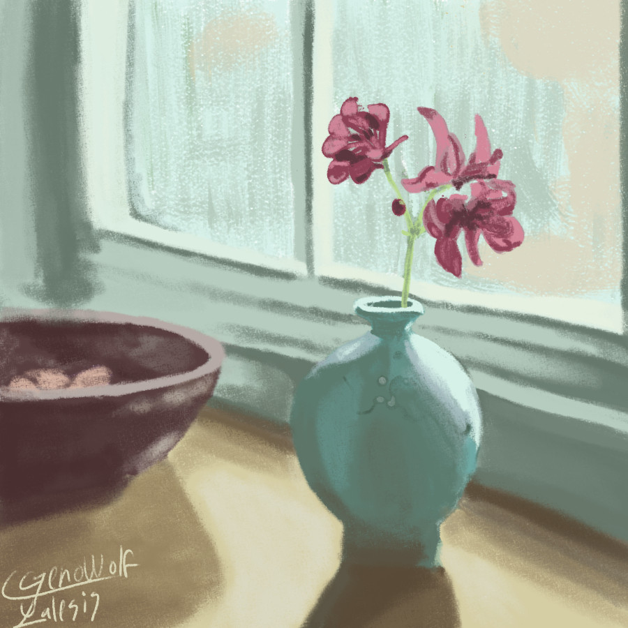 a photo study of a single pink flower in a blue pot and a brown bowl in front of a window