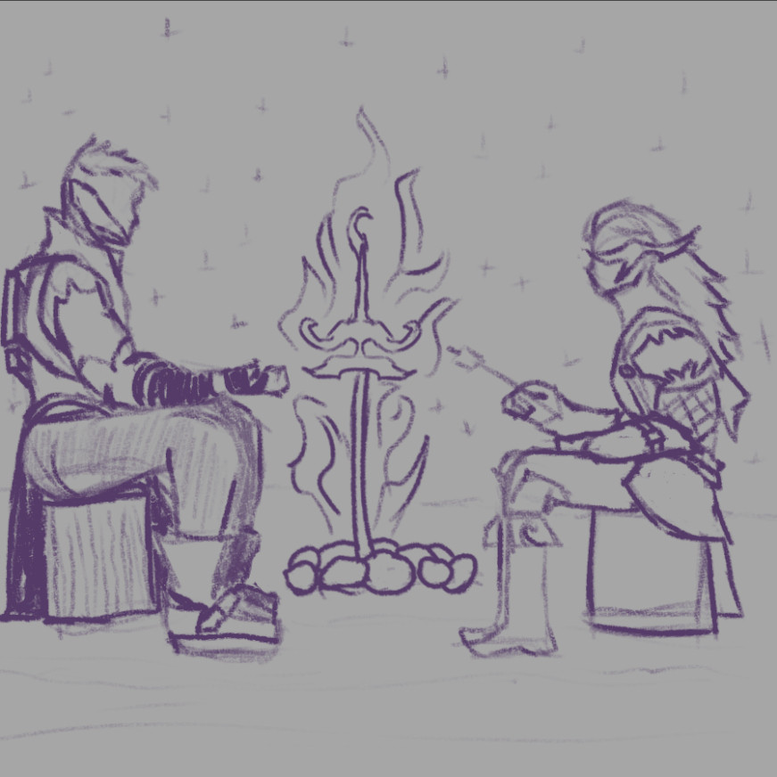 two Au Ra from final fantasy 14 sit around and talk about the fiery katana the larger rean au ra won from a dungeon. the smaller xeala au ra is roasting a marshmallow on its flames