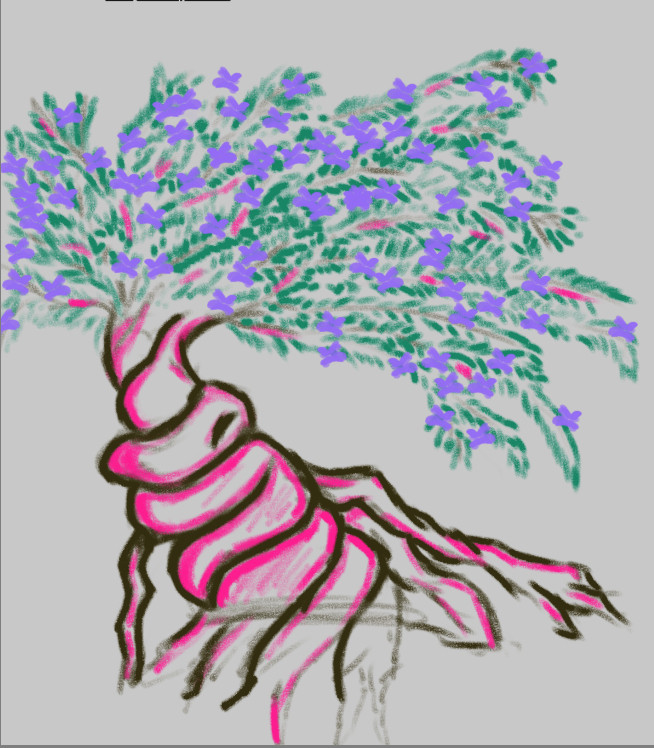 a hot pink tree with bright violet and emerald leaves