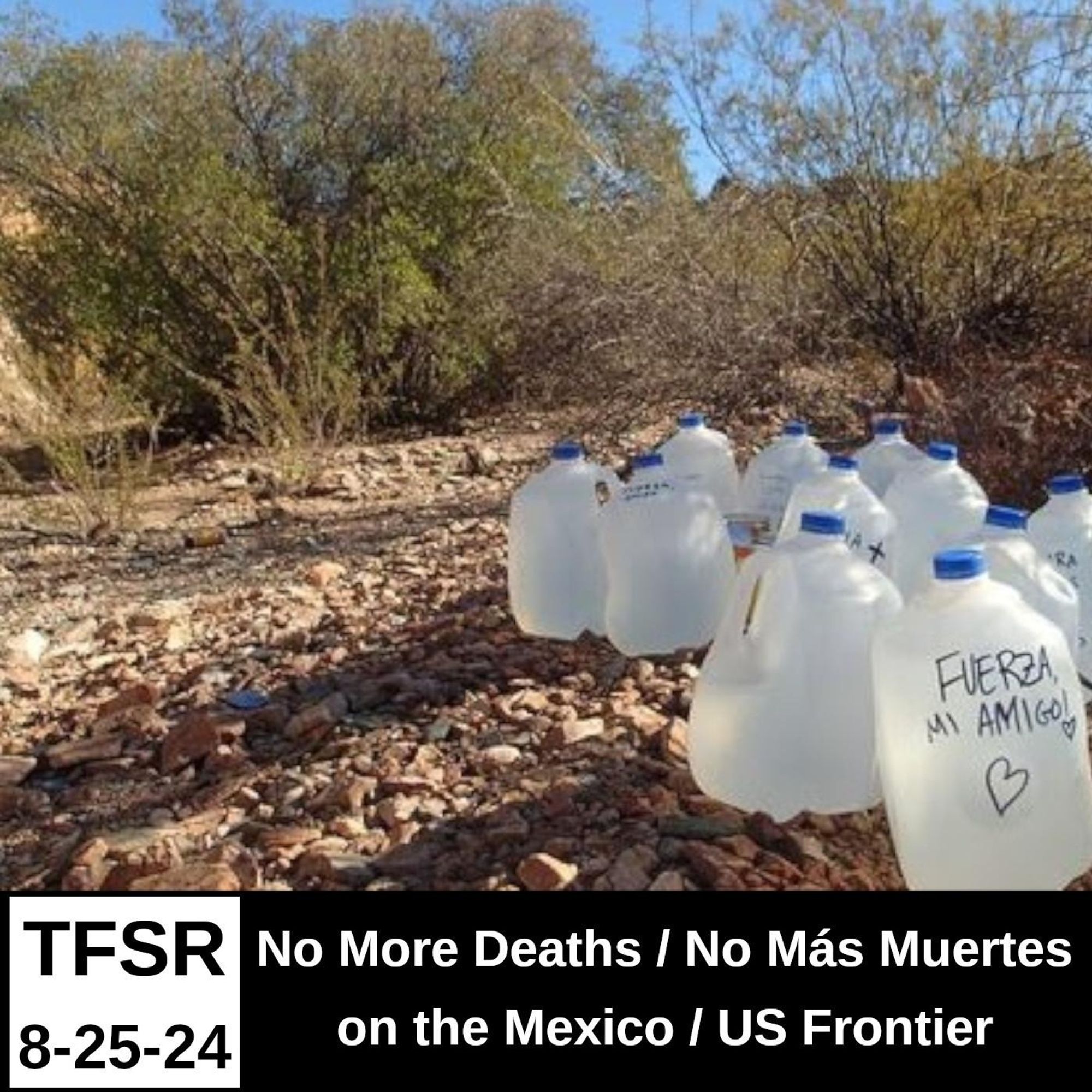 a photo water jugs left in the desert with kind notes scrawled on them