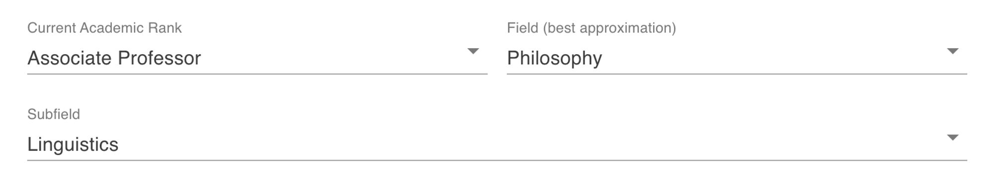 A screenshot of a form reading:
Current Academic Rank: Associate Professor
Field (best approximation): Philosophy
Subfield: Linguistics