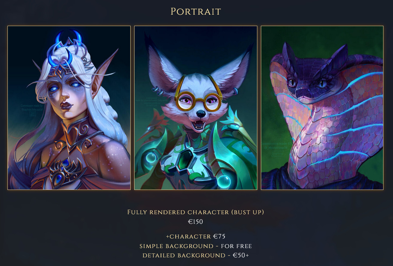 Examples for Portrait commissions. Text: Fully rendered character (bust up) - €150; +character €75; simple background - for free; detailed background - €50+.