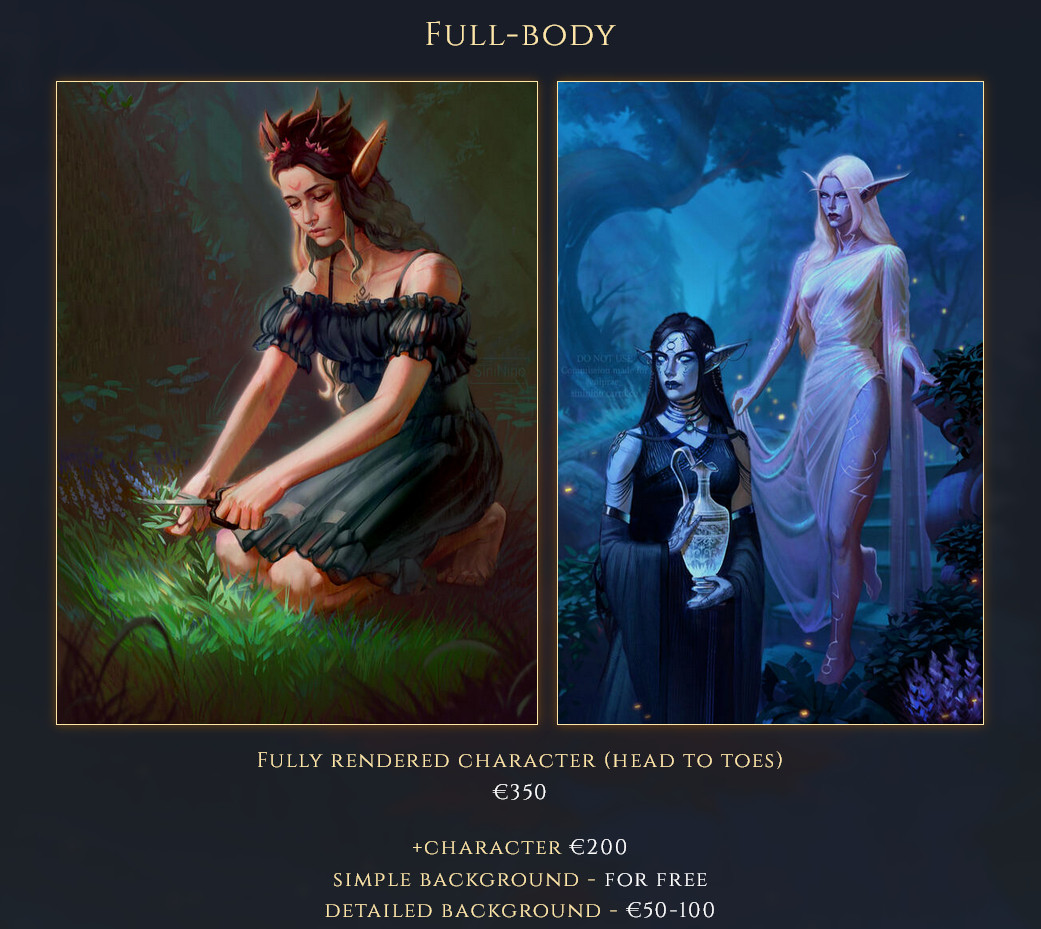 Examples for full-body commissions. Text: Fully rendered character (head to toes) - €350; +character €200; simple background - for free; detailed background - €50-100