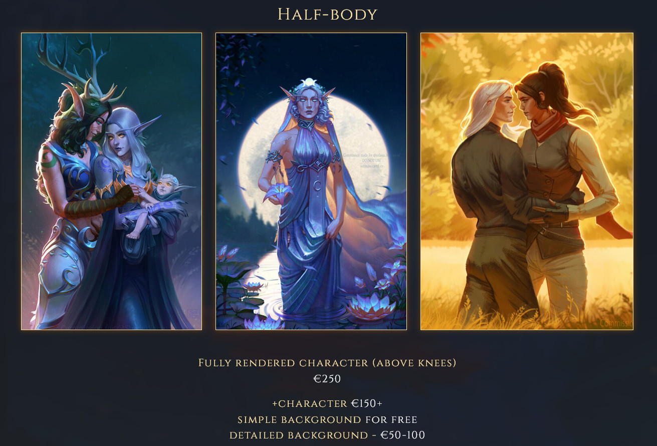 Examples for Half-body commissions. Text: Fully rendered character (above knees) €250; +character €150+; simple background for free; detailed background - €50-100