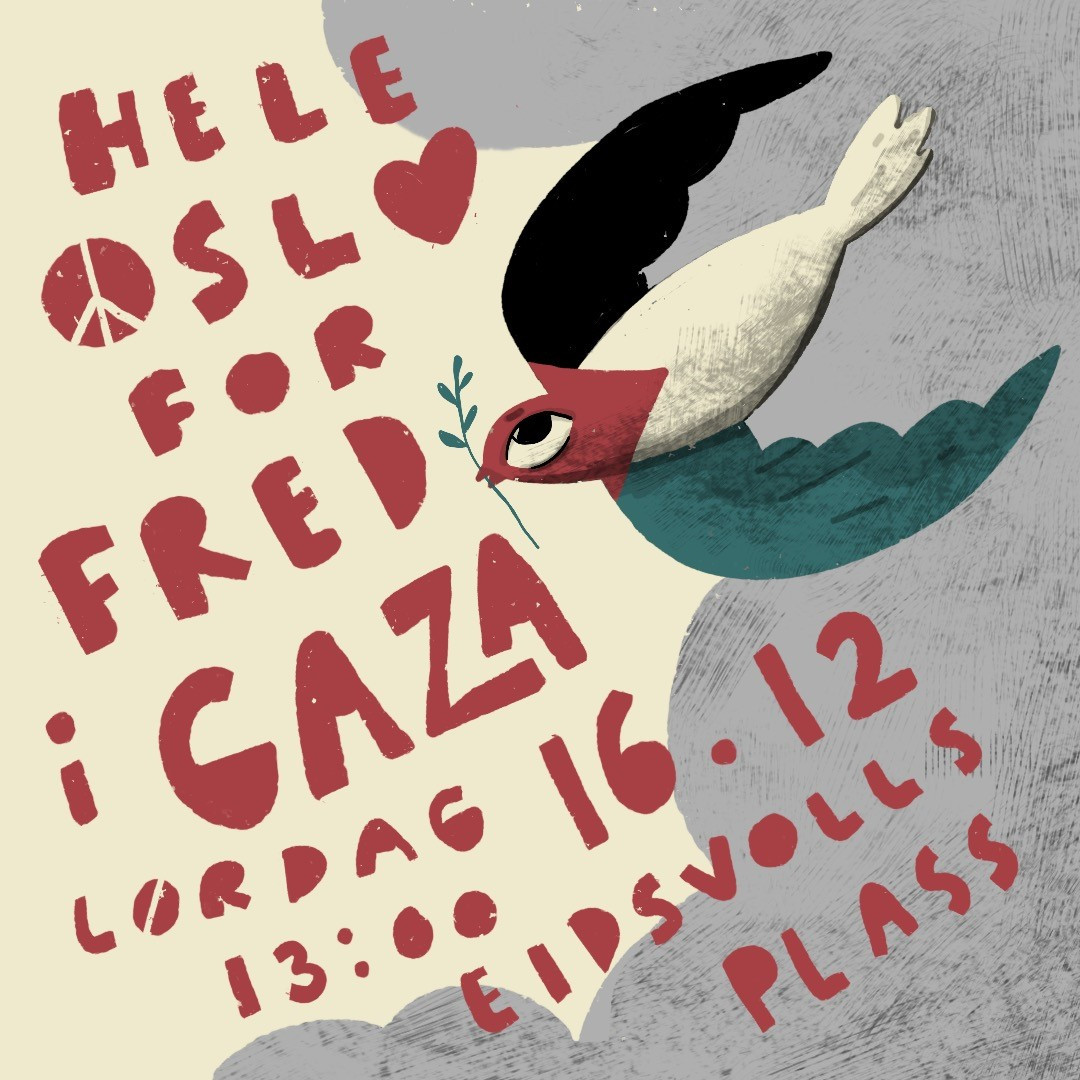 Fra høyre kommer flygende en due i palestinske farger med en olivengren i nebbet. Også teksten: "Hele Oslo for fred i Gaza, lørdag 16.12 13:00 Eidsvolls plass"