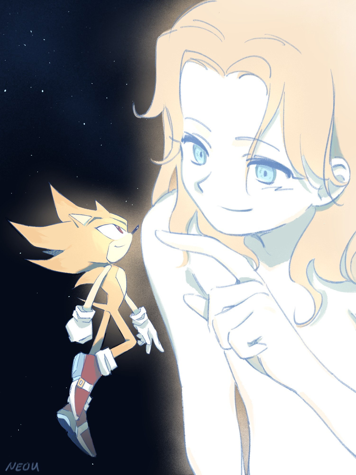 an illustration of super sonic and maria robotnik in space, maria is extremely tall to give her a more otherworldly look, sonic is looking up at her while she looks down at him with a smile, reaching out a finger to him.