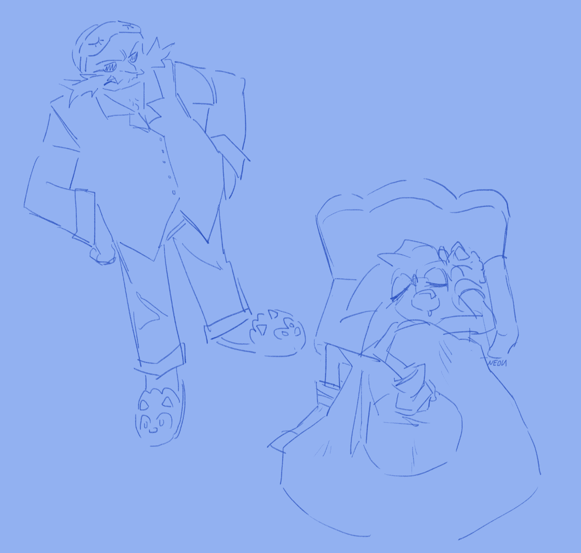 a sketch on a very light blue background or Sonic the hedgehog sleeping on a toast floor sofa with an egg blanket.
A pajama-wearing Eggman can be seen standing next to sonic staring at him with a disapproving look.