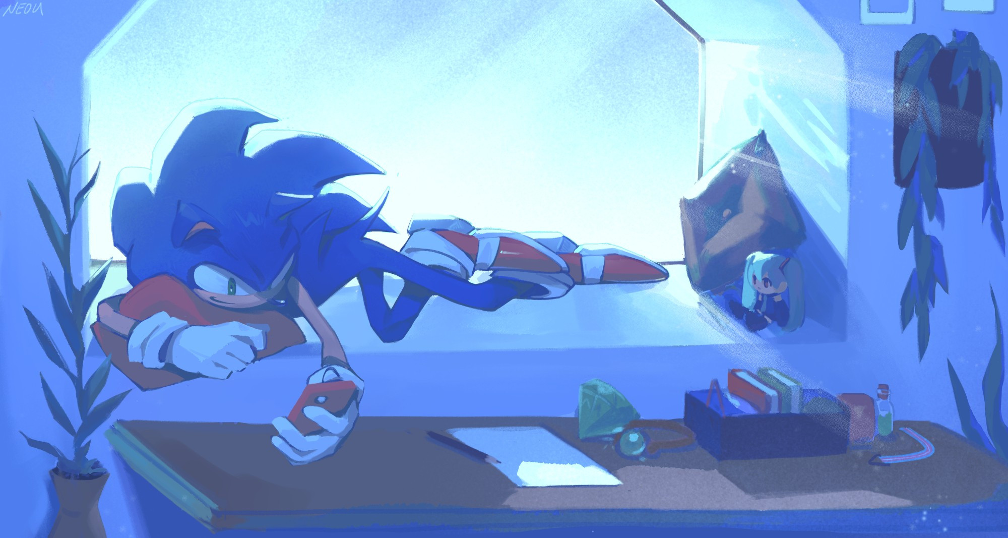 illustration of Sonic the hedgehog laying down in his room while looking at his phone, the room is decorated with plants and mementos from his past adventures like chip's bracelet and a hatsune miku plushy.