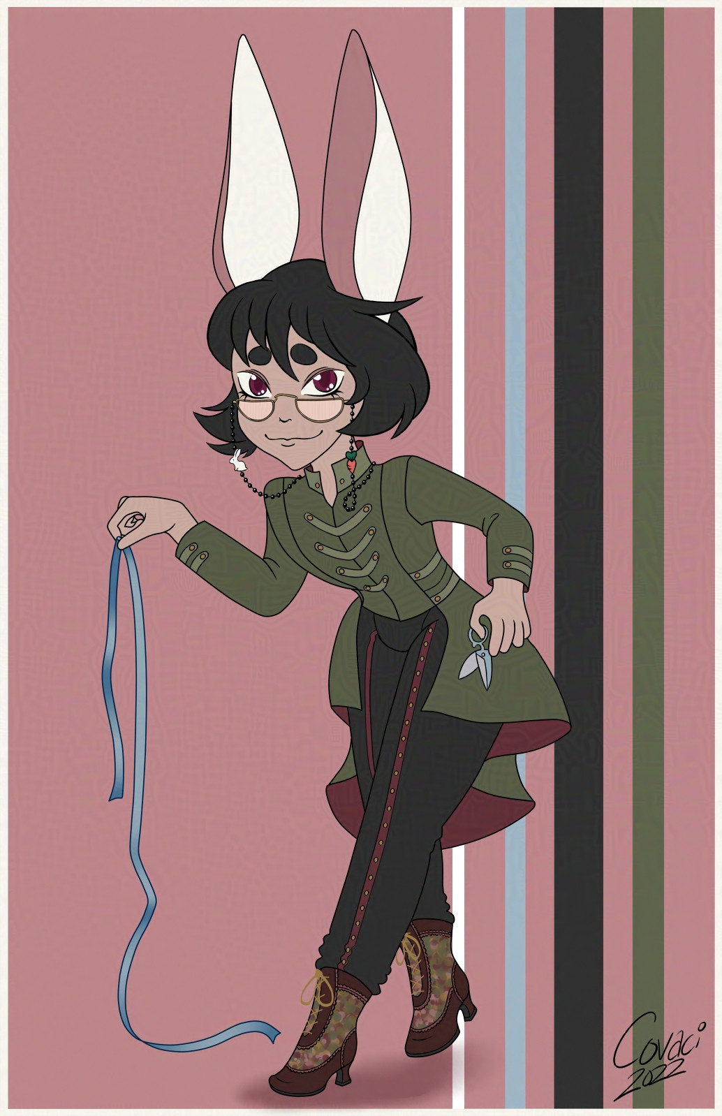 digital art of an oc, Reginald. He's short with bunny ears and black hair. he's holding a ribbon and fabric sheers. 