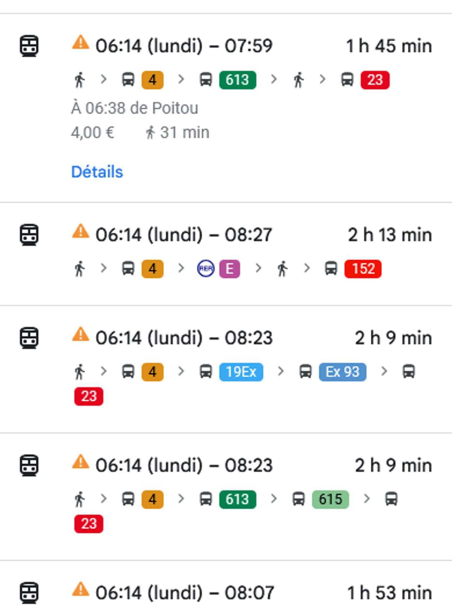 Imprim-écran de maps spécifiant que de porte à porte elle en a au mieux pour 1h45 et jusqu'à 2h pour aller à son école le matin.