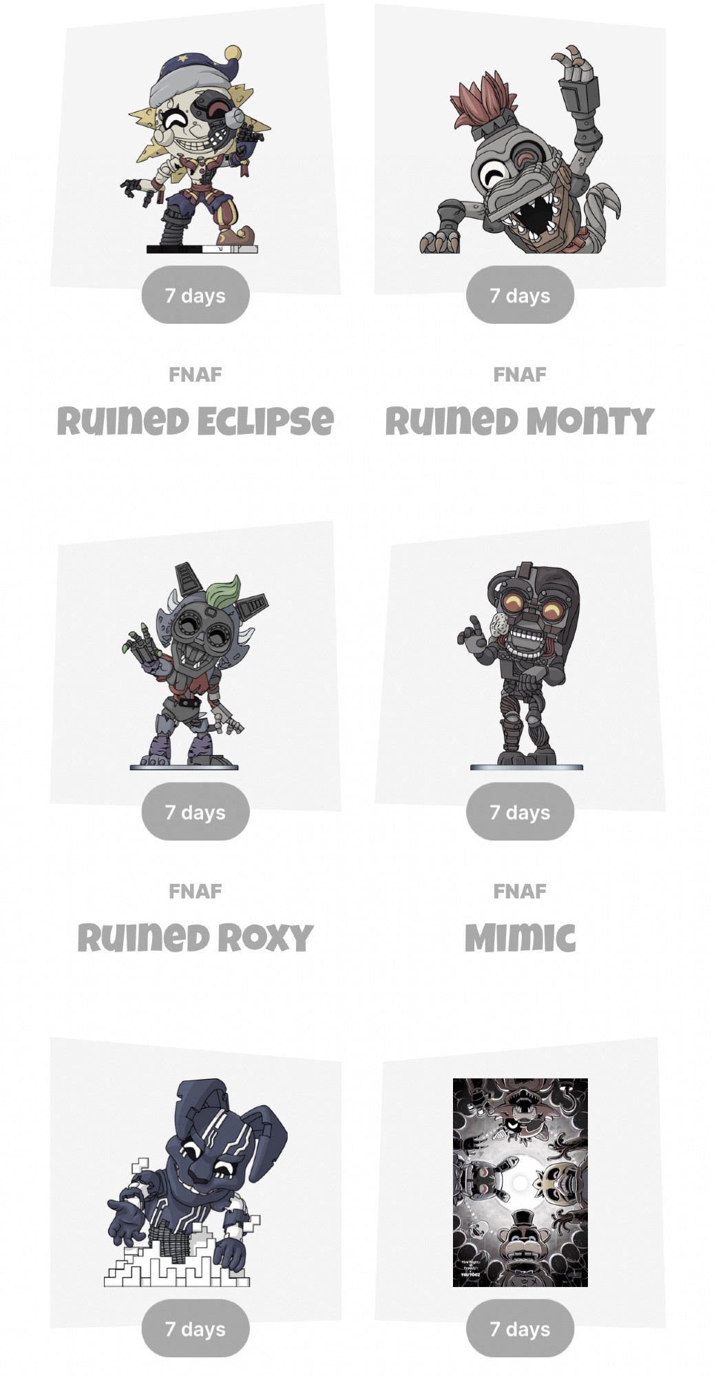 Screenshot of Youtooz’s website. Along with the figures for Ruined Eclipse, Ruined Monty, Ruined Roxy, Mimic, and M.X.E.S., a new Print of the Withered Animatronics is also set to release alongside them.