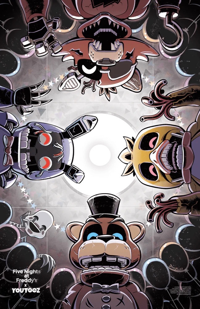 “Game 2” print. Along with Withered Freddy on the bottom, Withered Bonnie on the left, Withered Foxy on the top, and Withered Chica on the right, The Puppet is positioned in the bottom left corner, in the background.