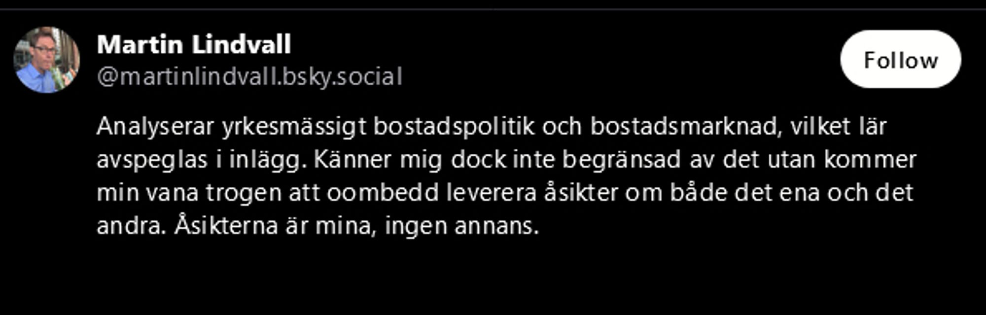 Skärmdump över profilen "Martin Lindvall", nån slags bostadspolitikslobbyist.