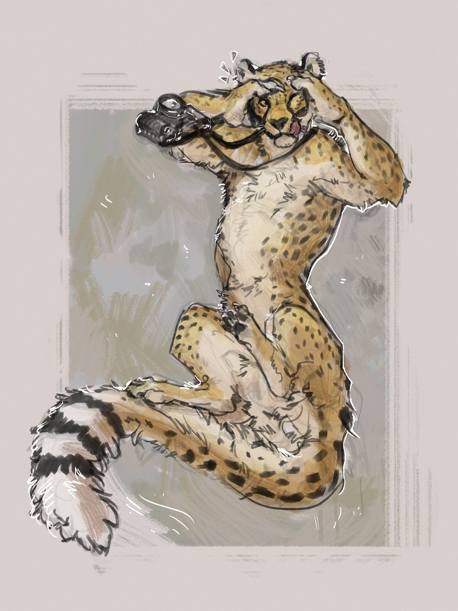 A paint-scribbly piece of a rare anthro Jasiri with a camera hanging from a strap on his neck, making a "viewfinder" gesture with the hands, focusing the viewer.