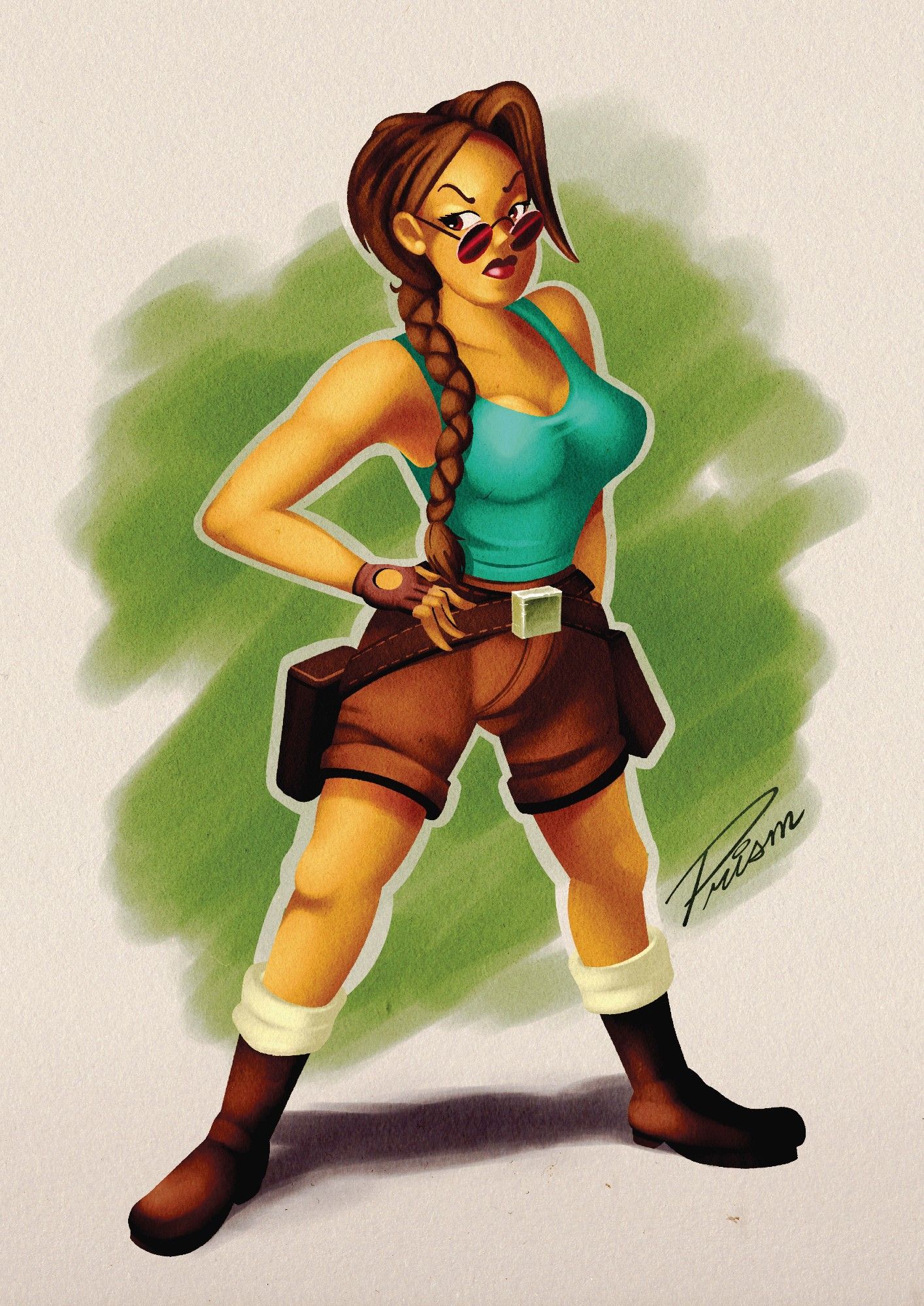 A full-body illustration of Lara Croft, in her classic Core Design appearance, from the Tomb Raider franchise. She is posed and positioned in front of a green brushed background.