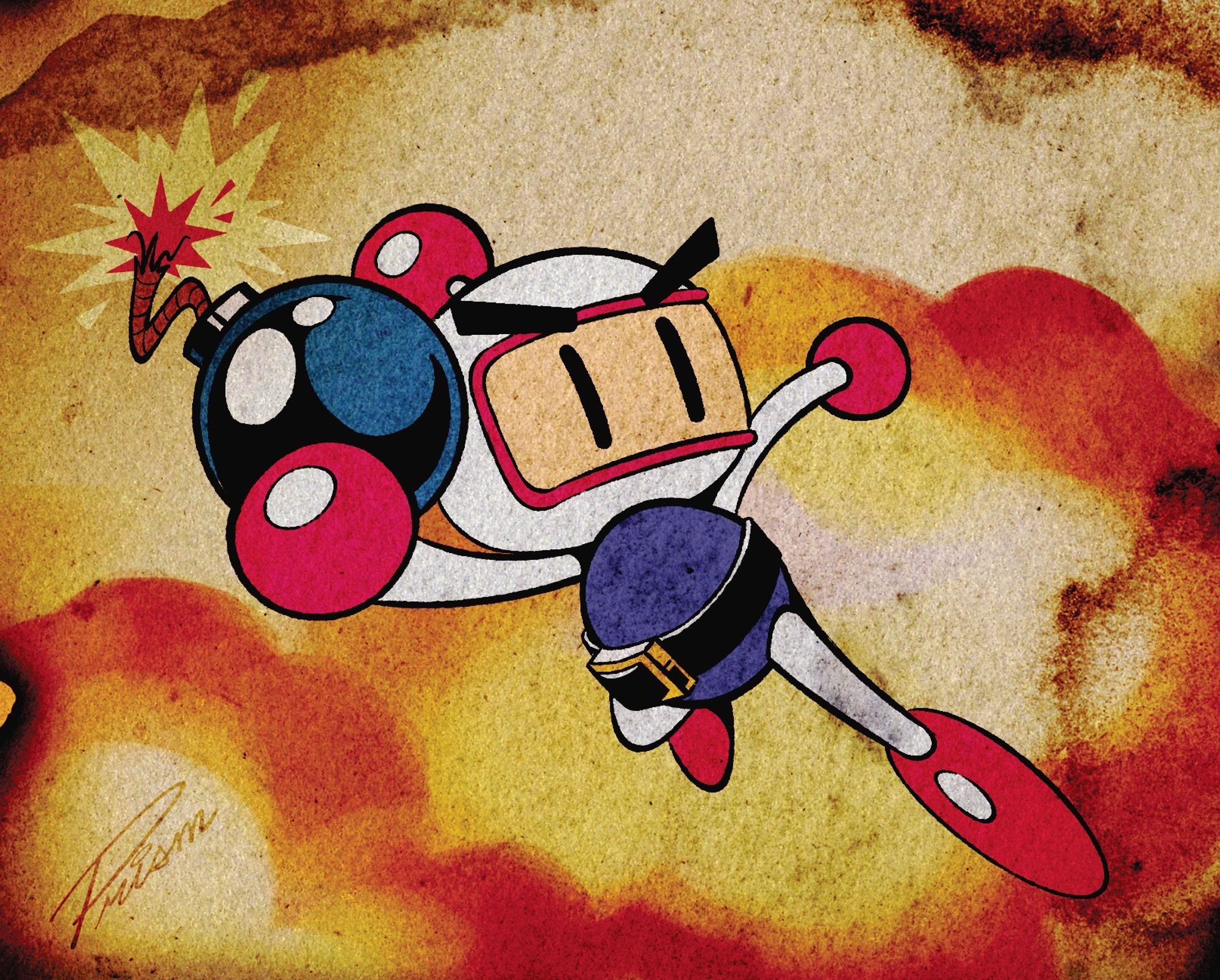 A full-body illustration of Bomberman from his titular series, doing an action pose. One arm, foreshortened towards the screen, wields a bomb with a lit fuse. The background showcases several explosions, with the edges of the picture being burnt up.