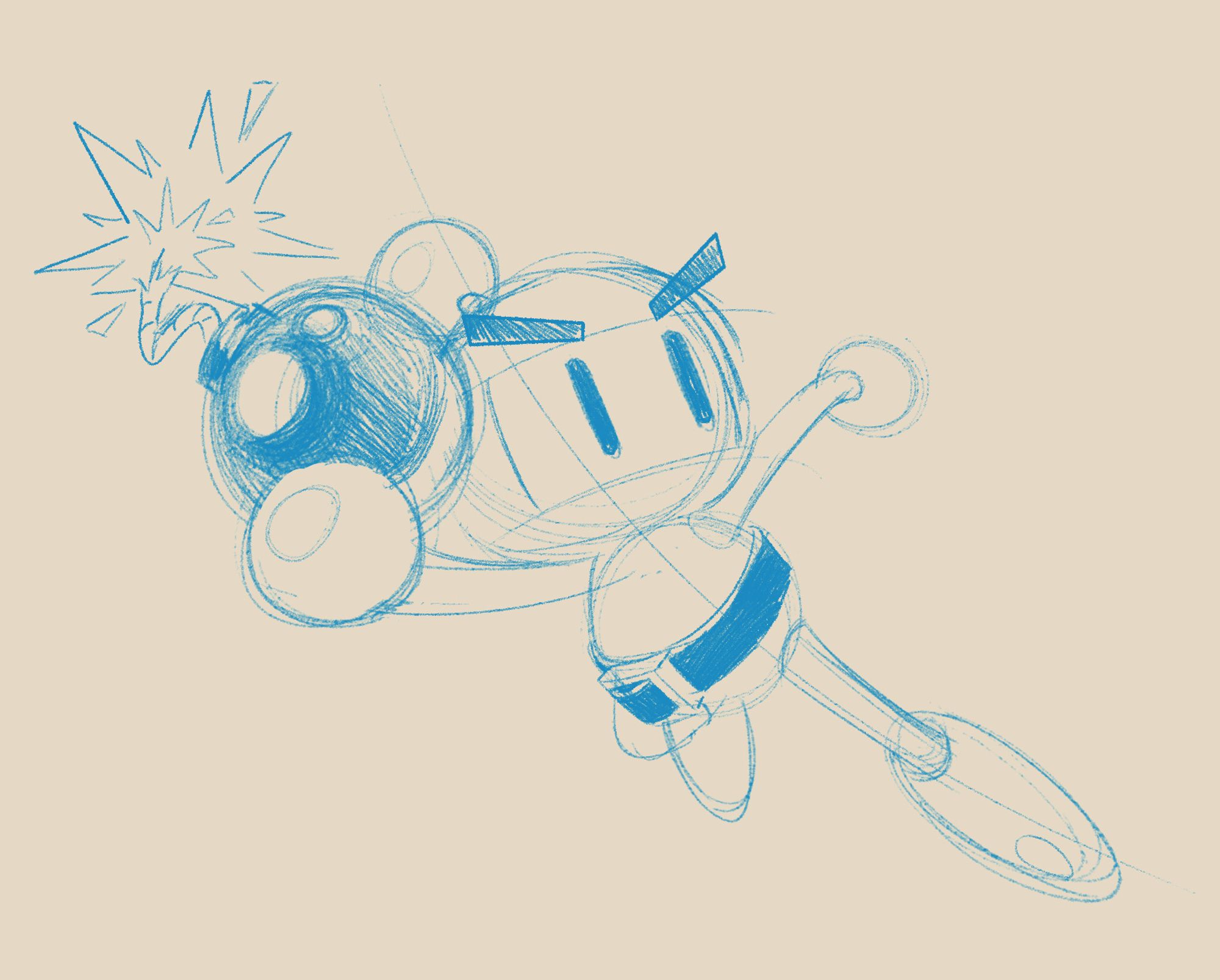 A full-body sketch of Bomberman from his titular series, doing an action pose. One arm, foreshortened towards the screen, wields a bomb with a lit fuse.