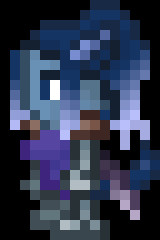 16x24px (x10 scale) gif of a blue catgirl knight (my FFXIV character Juksie Emdi) in a walk cycle. A purple sword is visible on her back, and her hair and tail sway with the motion