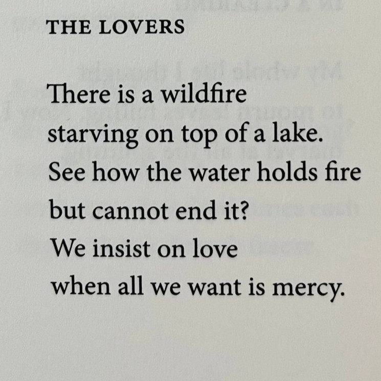 "The Lovers," a poem by Victoria Chang: "There is a wildfire/starving on top of a lake./See how the water holds fire/but cannot end it?/We insist on love/when all we want is mercy."