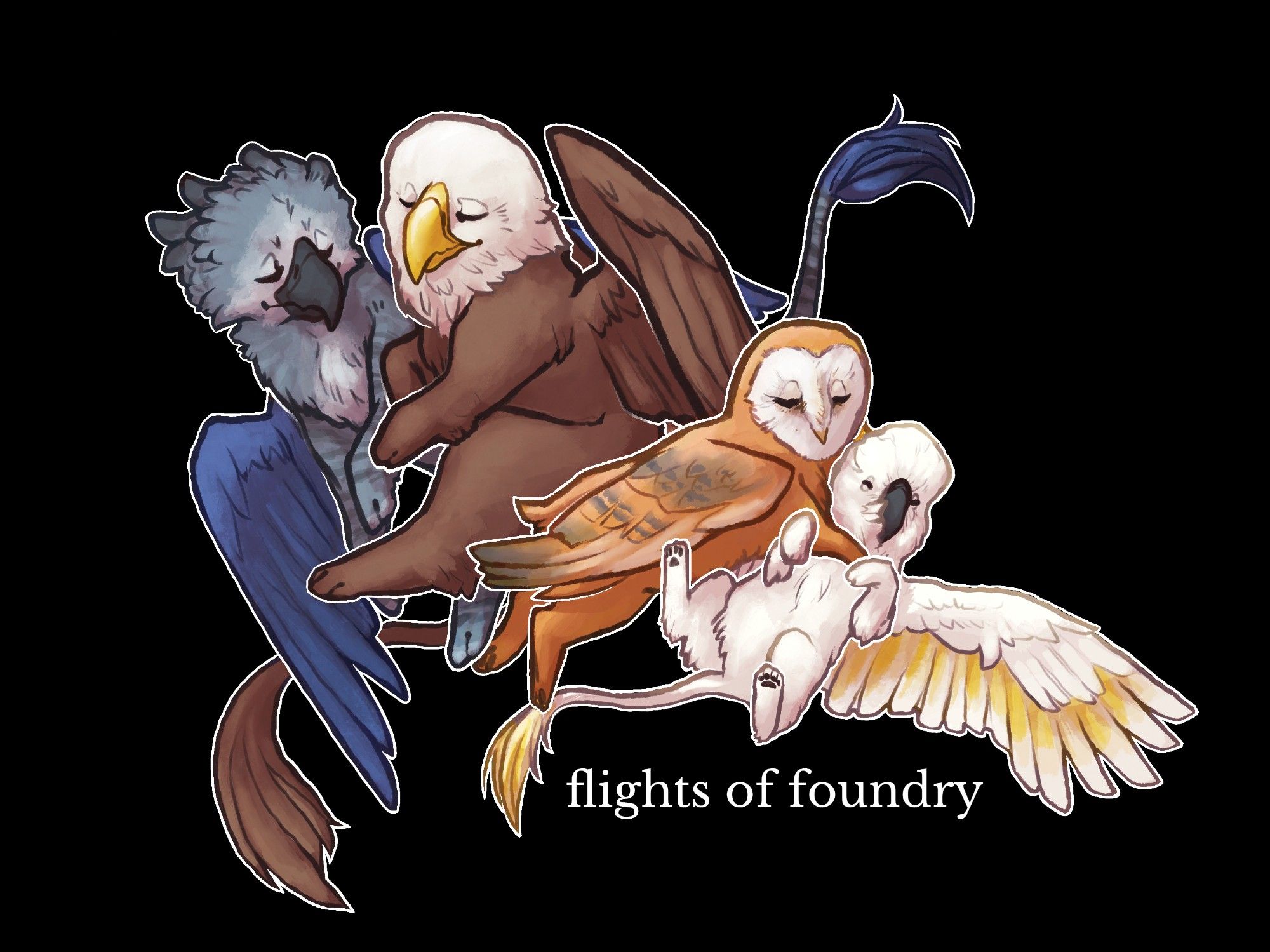 The flights of foundry gryphon mascots in a cuddly, sleepy pile. Bartholomew the harpy eagle gryphon on the left, Swooperton the bald eagle gryphon and Hoodini the barn owl gryphon in the middle, and Toast the cockatoo gryphon on the bottom of the pile.