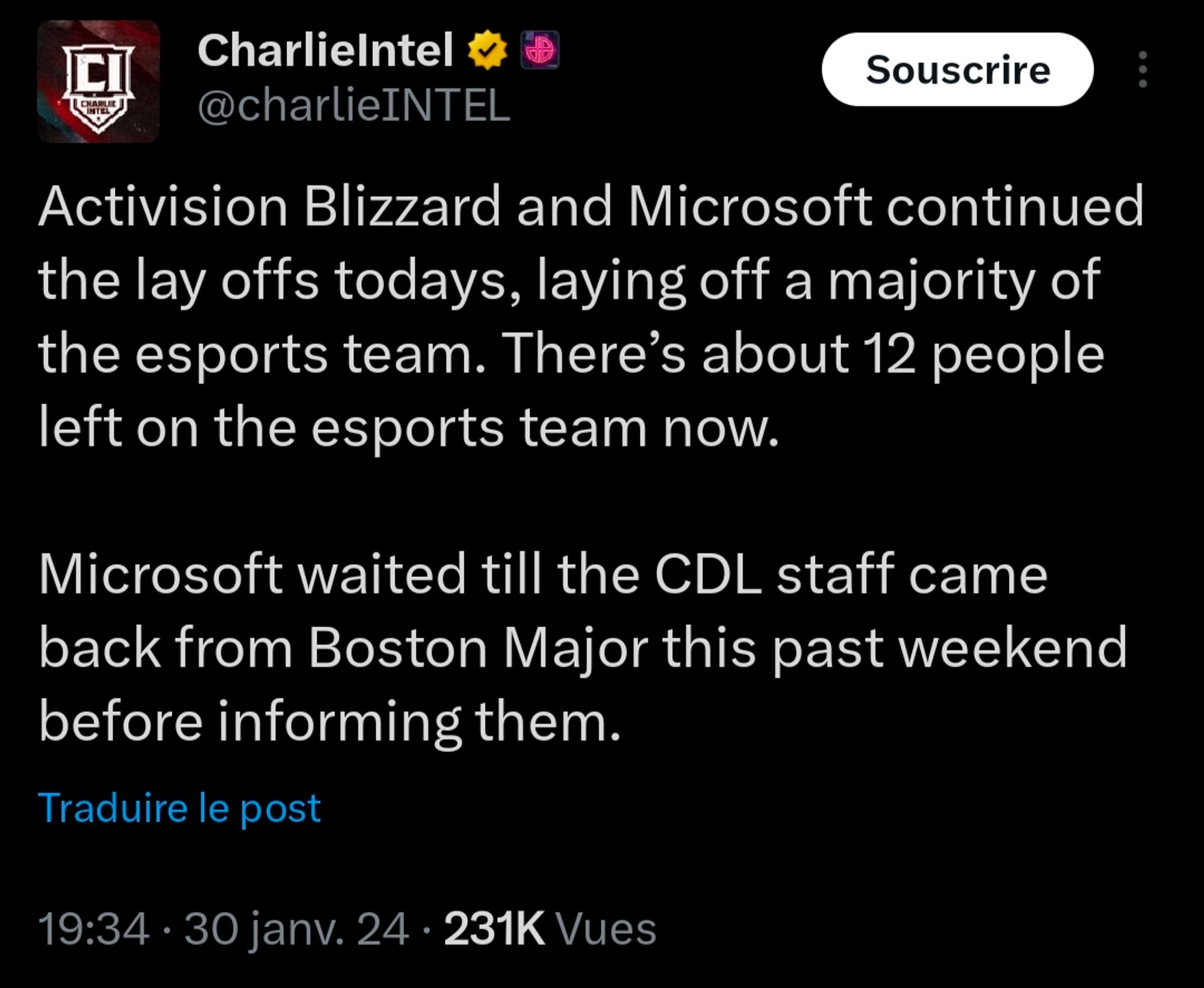 Activision Blizzard and Microsoft continued the lay offs todays, laying off a majority of the esports team. There's about 12 people left on the esports team now.

Microsoft waited till the CDL staff came back from Boston Major this past weekend before informing them.