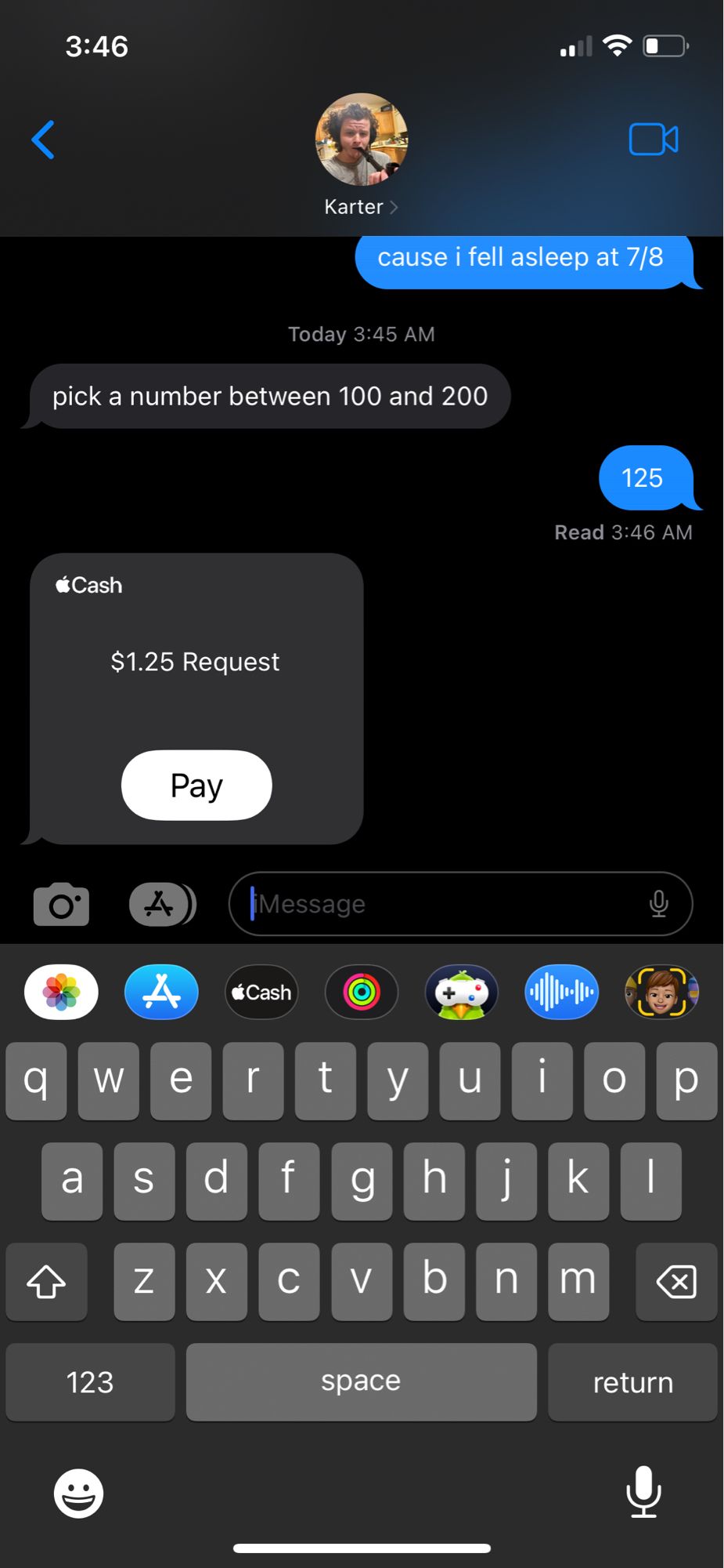 iMessage screenshot of Kae sending me a request if $1.25 after asking me to pick a number between 100 and 200 