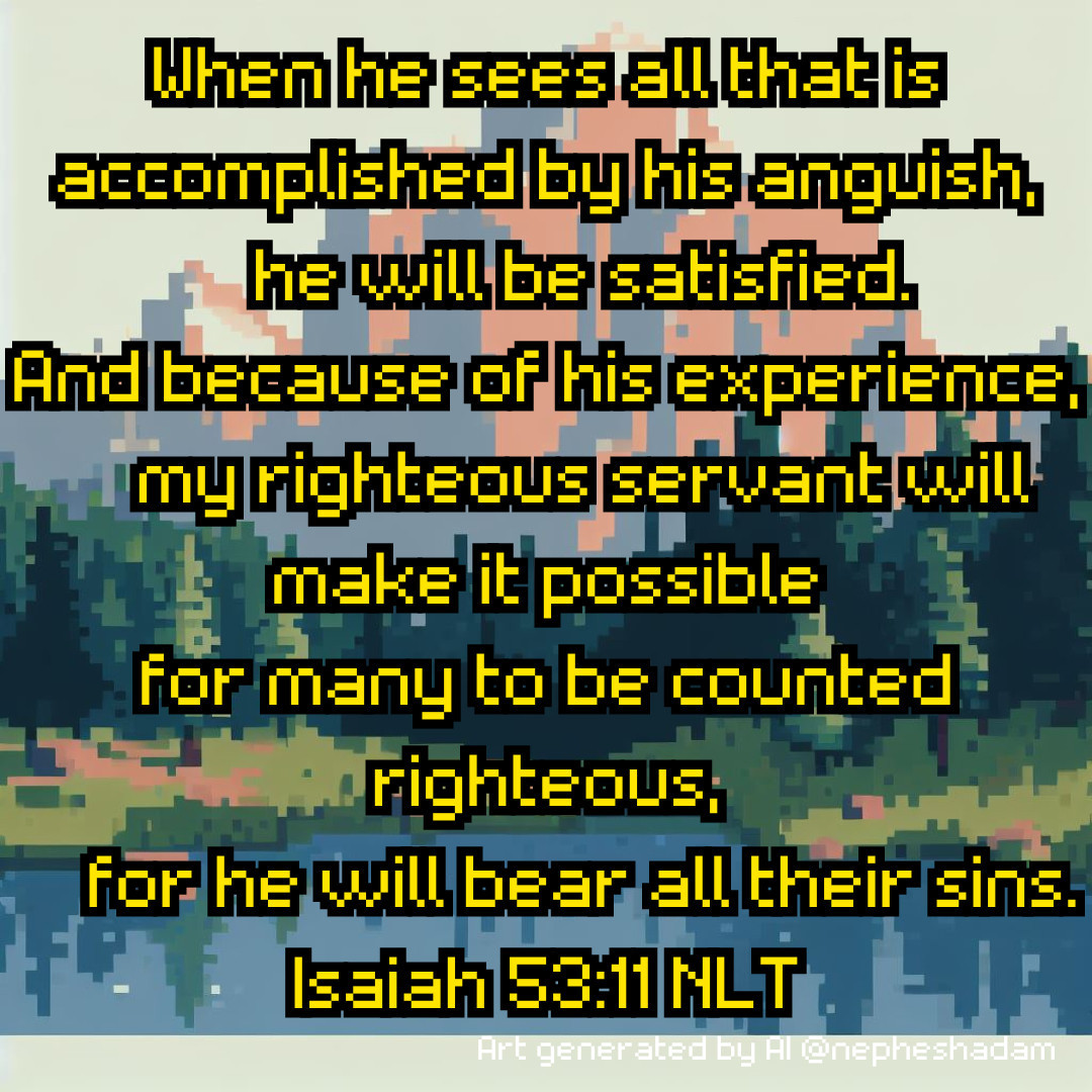 When he sees all that is accomplished by his anguish,
    he will be satisfied.
And because of his experience,
    my righteous servant will make it possible
for many to be counted righteous,
    for he will bear all their sins. Isaiah 53:11 NLT