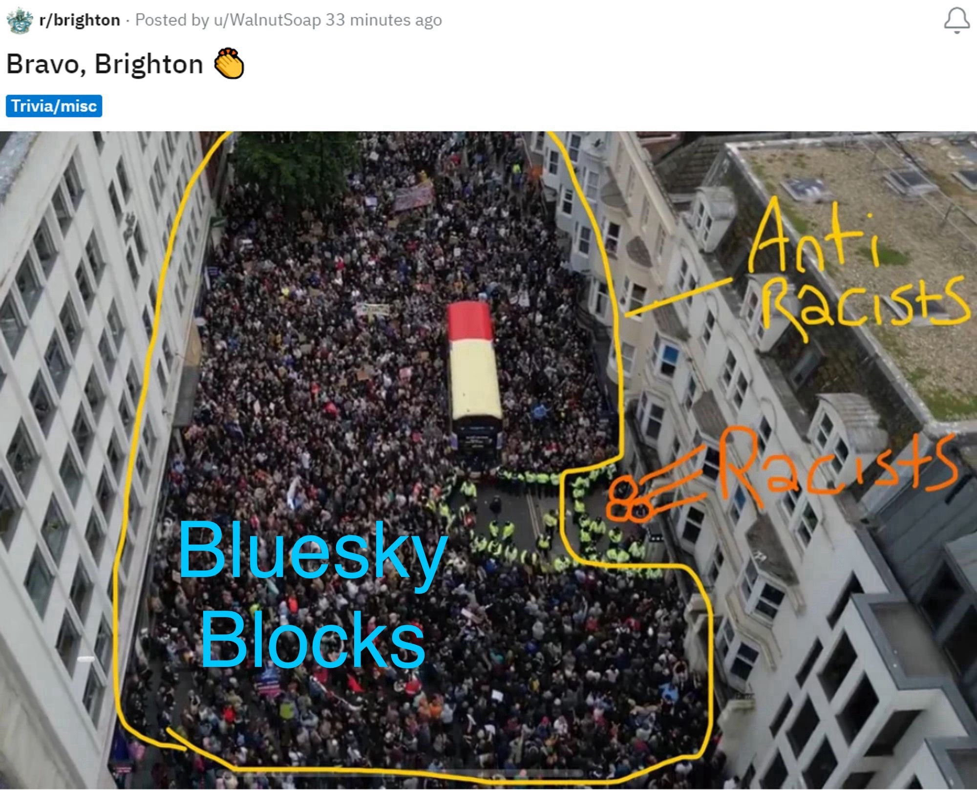 Photo of a Racists gathering (just a few people) surrounded by a street full of counter-protestors (ie, anti-racists) in Brighton. Someone hand labeled  the racists and circled the larger crowd and labeled them Anti Racists.

I have added a hand labeling for the larger crowd as well. It reads “Bluesky Blocks,” because when anyone from the MAGA crowd shows up here, they just get blocked and then leave.