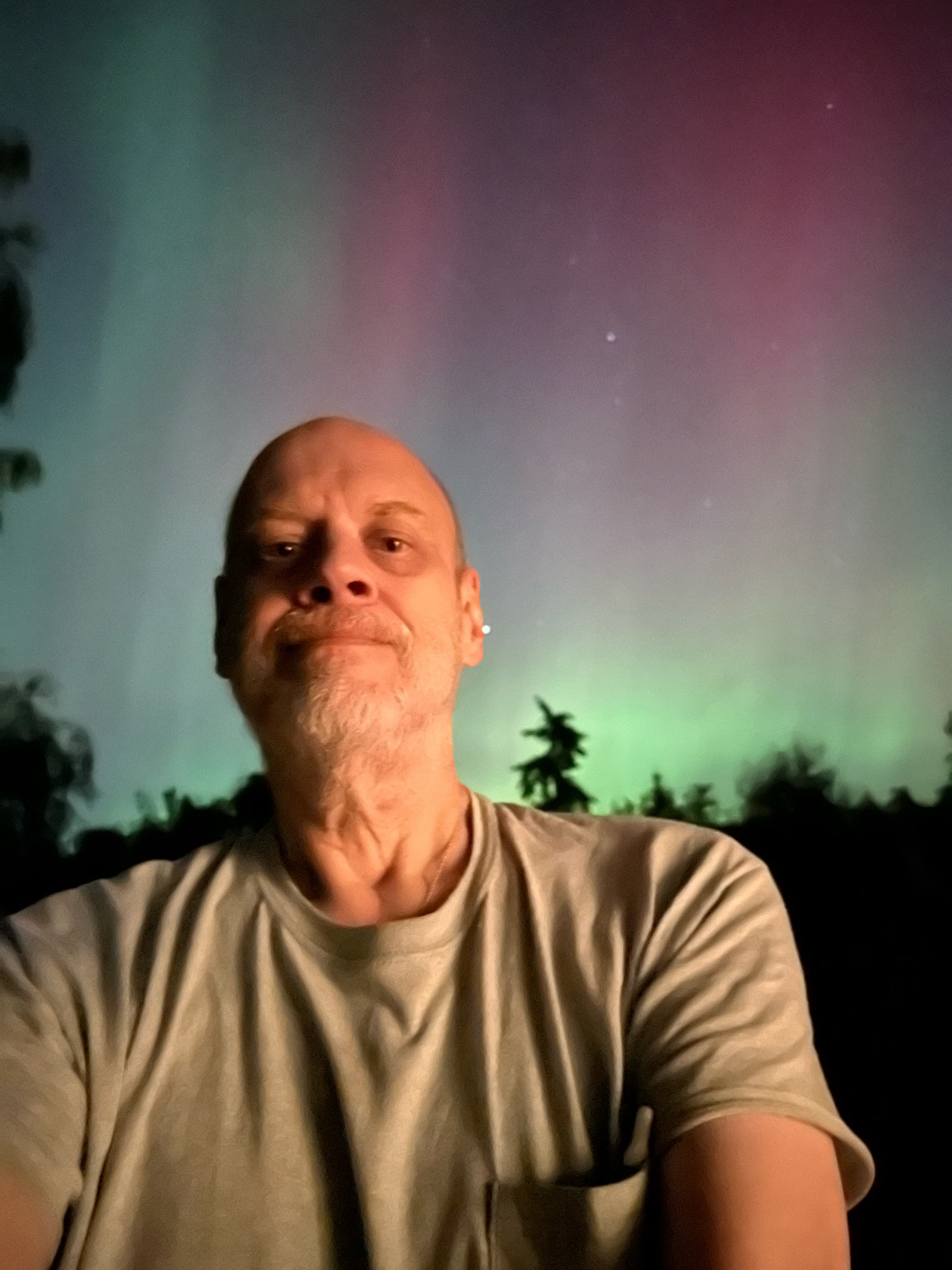 Selfie along with Aurora borealis, About 10 PM PDT, Coupeville, Washington, looking Northeast. 10/10/2024.