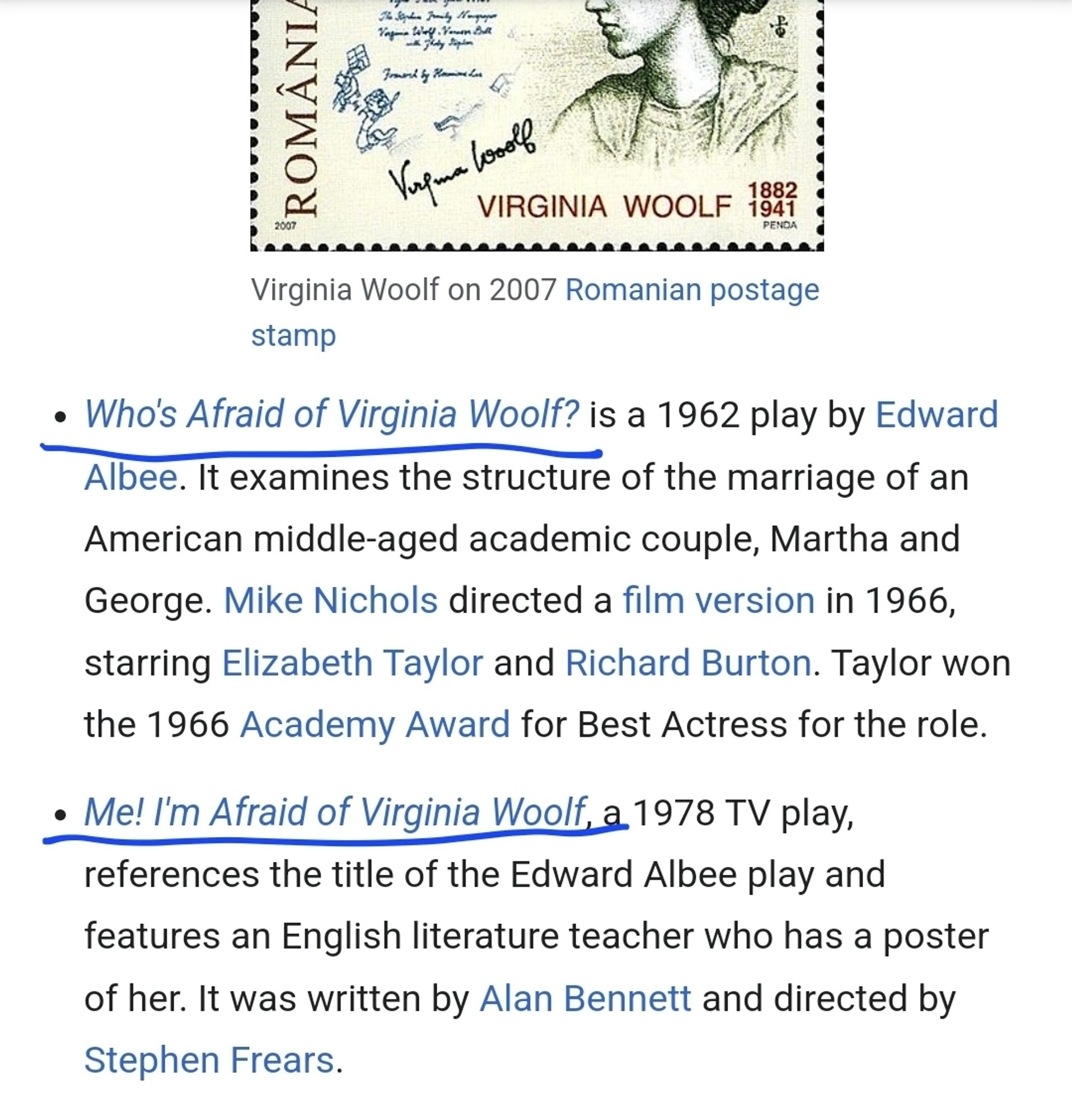 A section of a Wikipedia article about Virginia Woolf; the Pop Culture section. The first two works listed are, "Who's Afraid of Virginia Woolf?" then, "Me! I'm Afraid of Virginia Woolf."