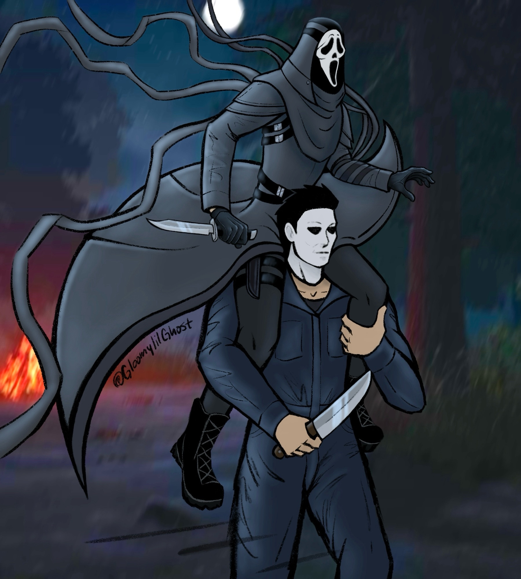 Michael carrying Ghostie on his shoulders together ready for the 2v8 mode