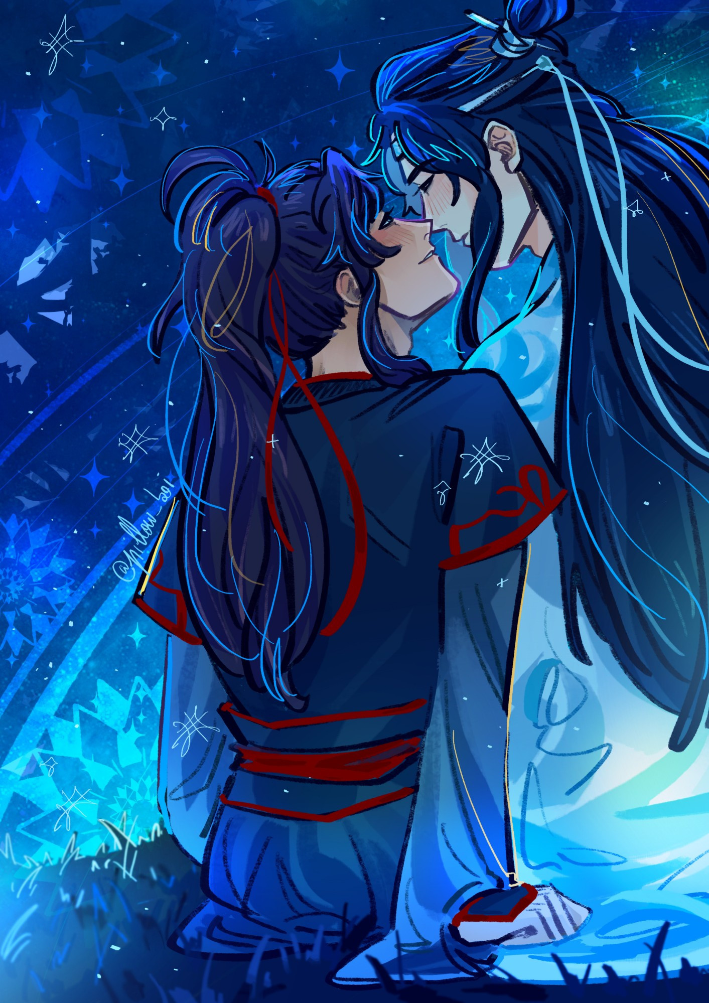 Wangxian kissing under the night sky