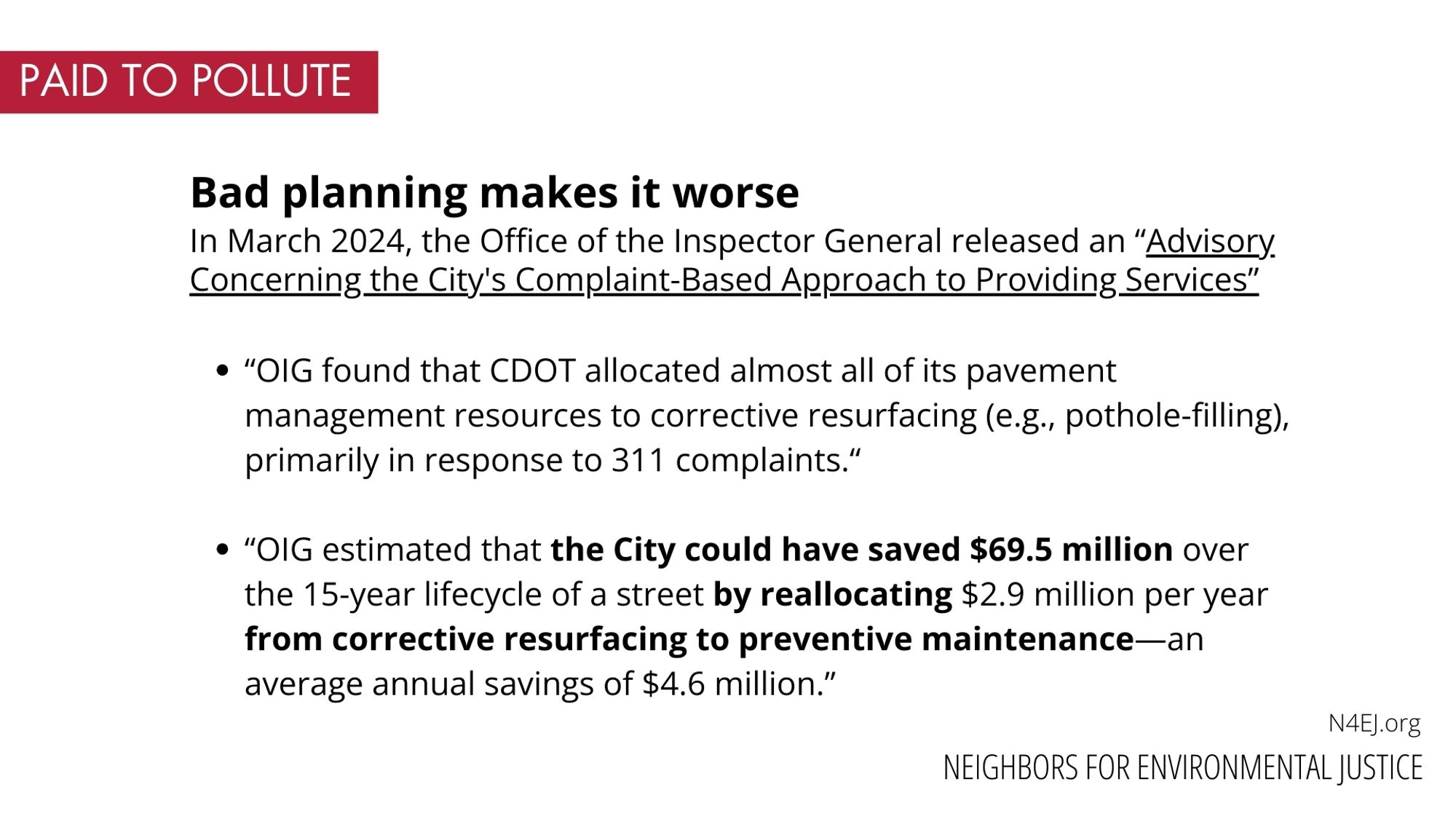 Bad planning makes it worse
In March 2024, the Office of the Inspector General released an "Advisory.
Concerning the City's Complaint-Based Approach to Providing Services"
• "OIG found that CDOT allocated almost all of its pavement management resources to corrective resurfacing (e.g., pothole-filling), primarily in response to 311 complaints."
• "OIG estimated that the City could have saved $69.5 million over the 15-year lifecycle of a street by reallocating $2.9 million per year from corrective resurfacing to preventive maintenance-an average annual savings of $4.6 million."