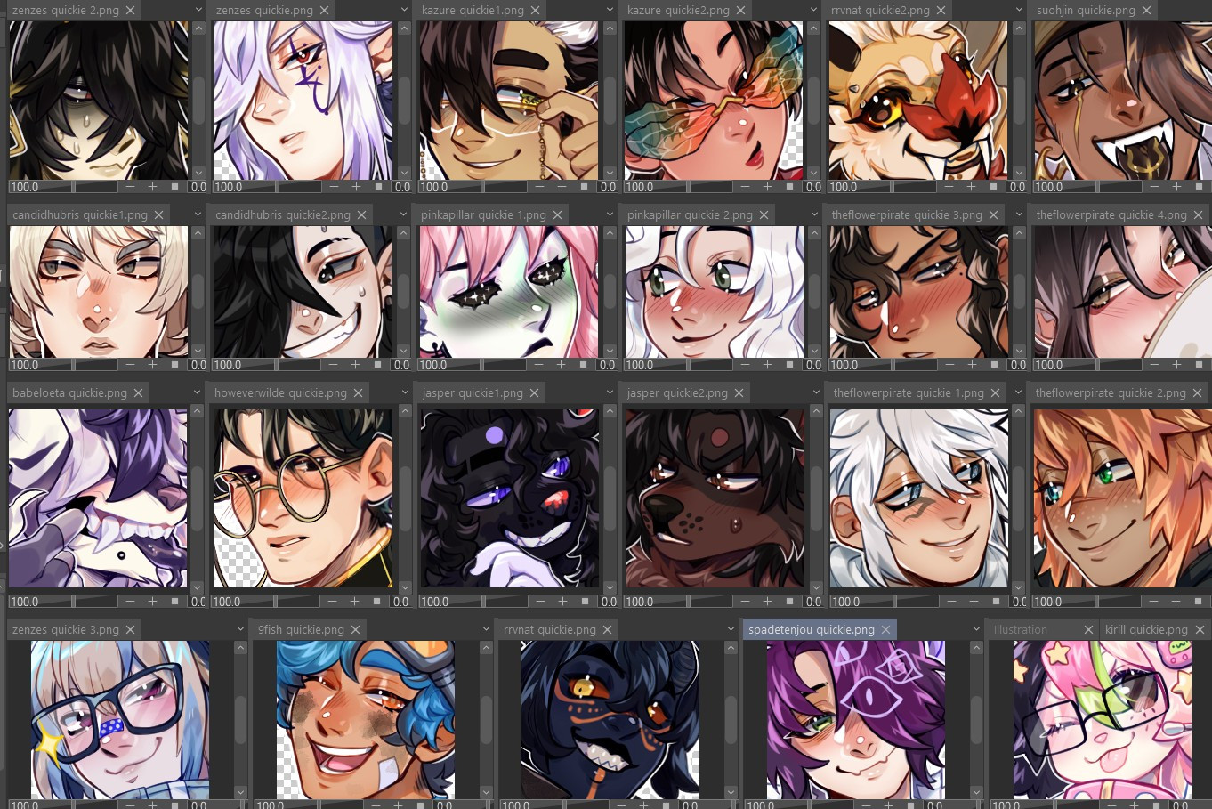 A bunch of commissioned art I've made all bundled together for show. They show multiple zoomed in busts of different characters with different expressions.