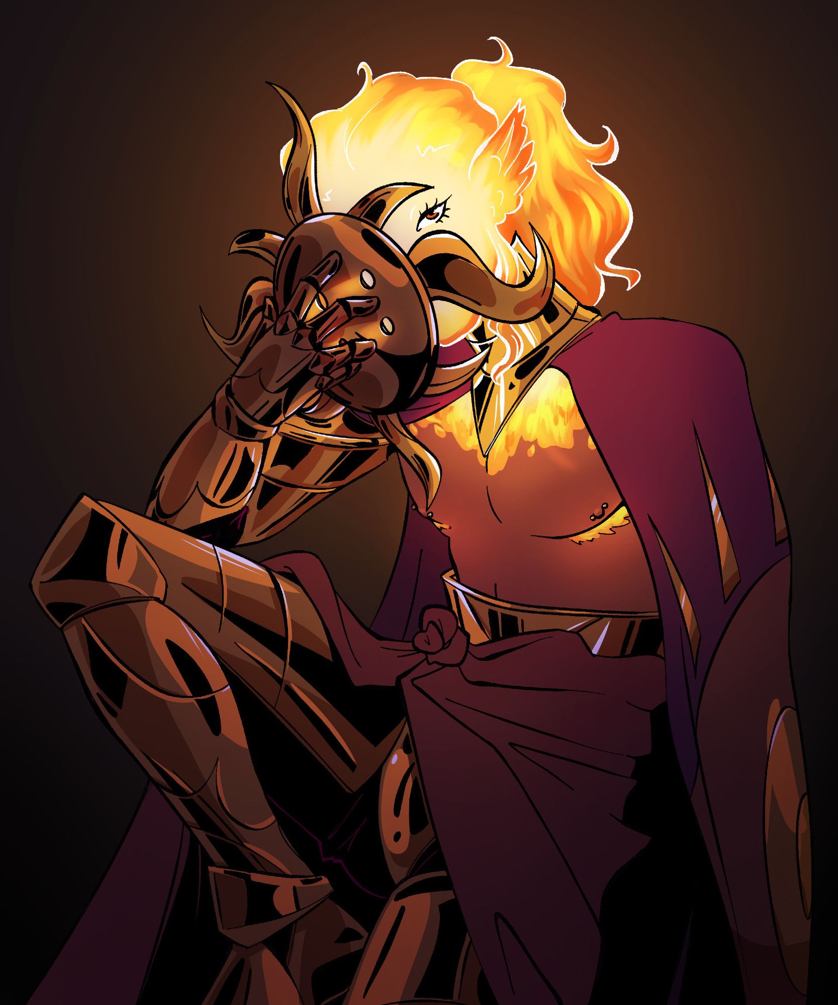 A half armoured in gold character wearing a purple cloak, they glow like fire from the shoulders up and their chest shows flaming scars. they half cover their face with a gold sun mask