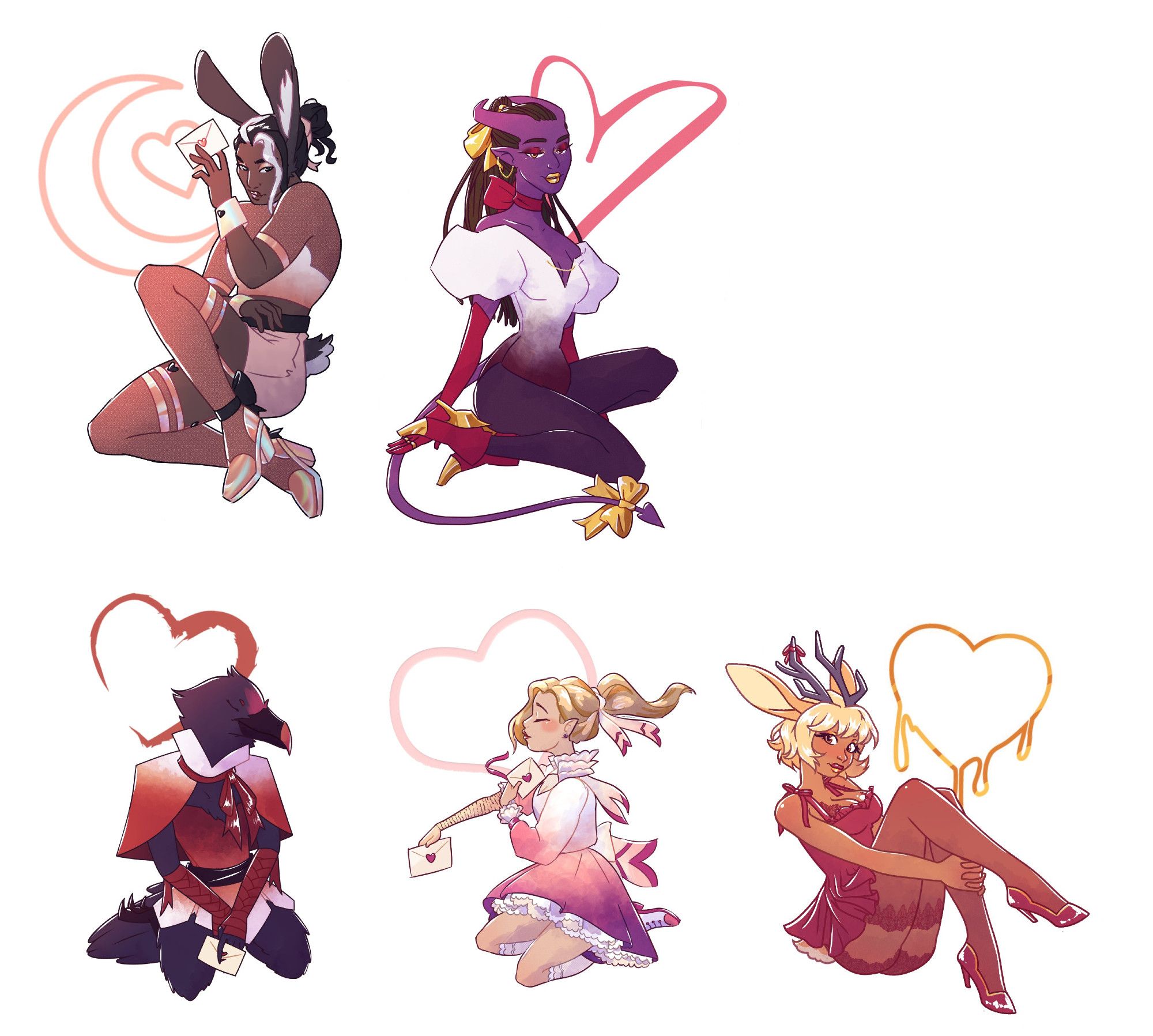 5 characters in various pinup poses, they wear frilly pink and red outfits with bows. Each has a different style of heart behind them