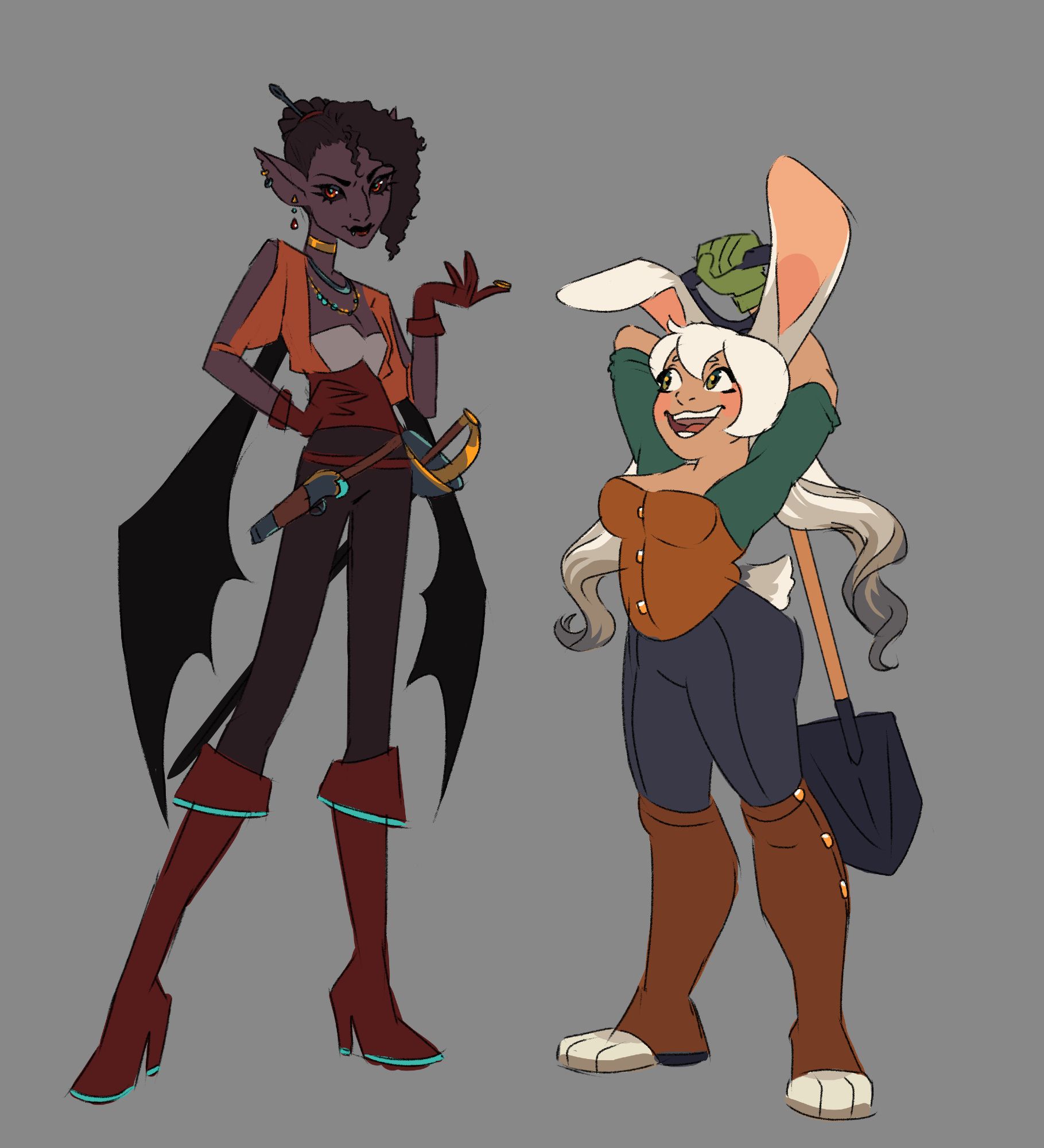 Sky pirate vampire bat woman and a bunnygirl who digs for treasure