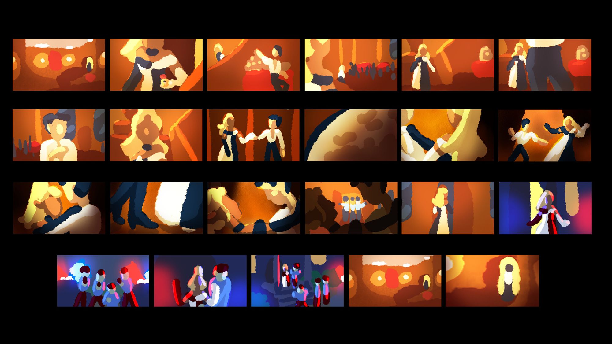 a colour script of a short film, mostly in orange and blue