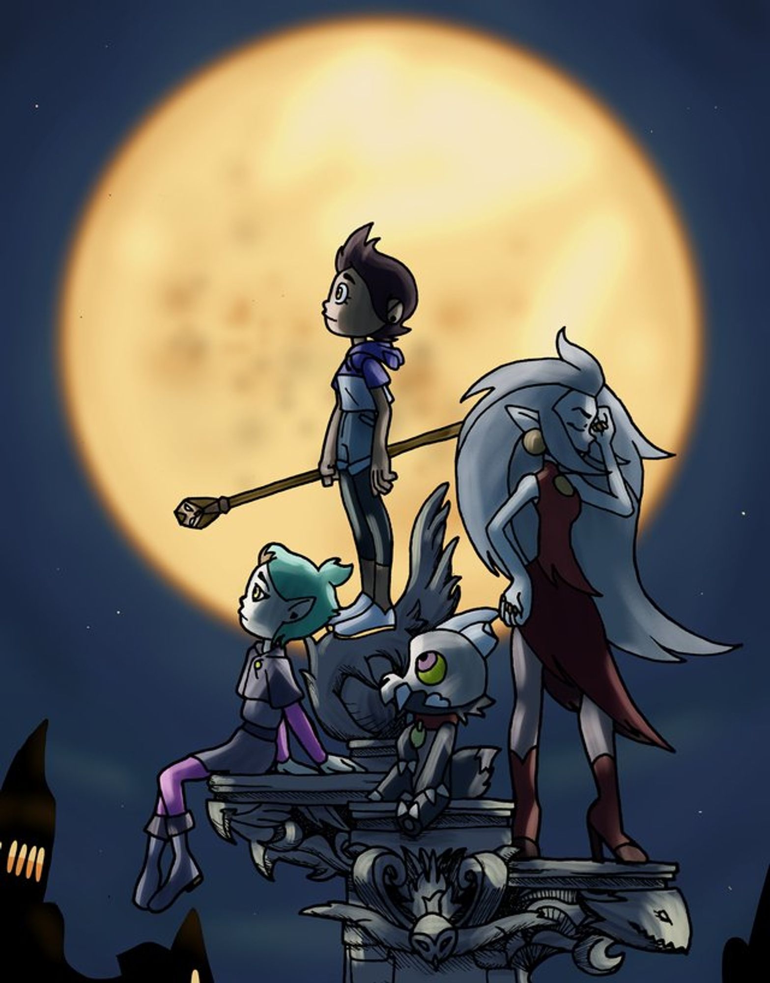 Luz, Amity, Eda, and King from The Owl House in the pose from the cover of Kingdom hearts 1.