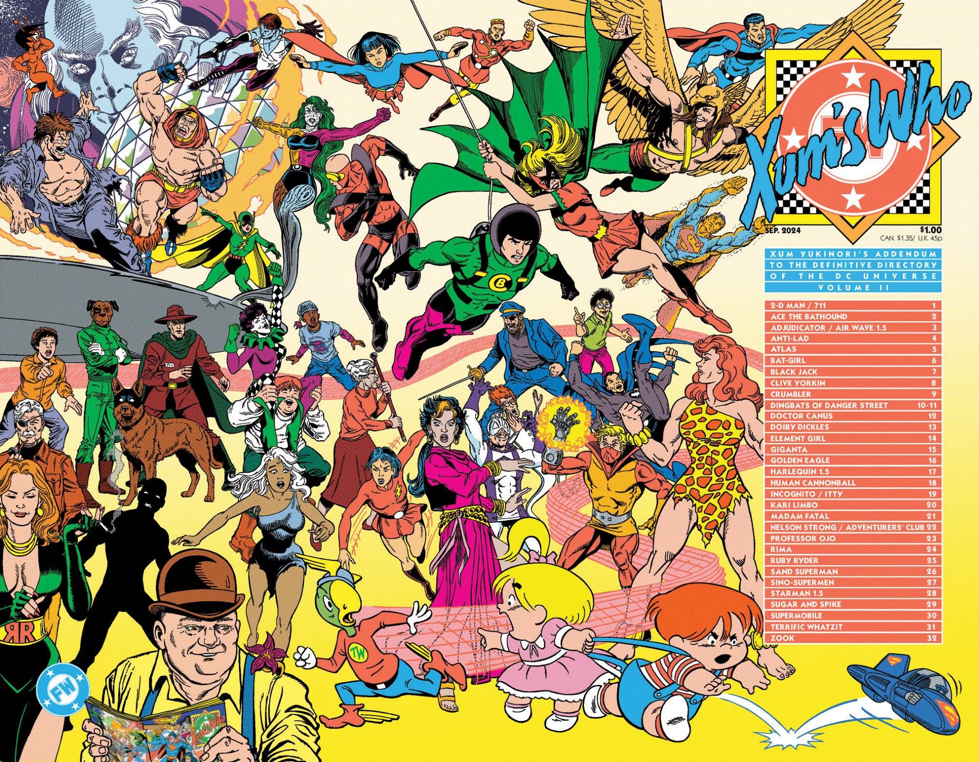 The wraparound cover to Xum's Who volume II, collaged by Isamu Hideaki-Yukinori using mostly George Perez artwork and poses. Includes Zook, the Adjudicator, Clive Yorkin, Atlas, Air Wave 1.5 (Helen Jordan), Starman 1.5 (Mikaal Tomas), Element Girl, Anti-Lad, the Human Cannonball, the Sino Supermen, Bat-Girl (Bette Kane), Golden Eagle, Sand Superman, the Dingbats of Danger Street, Doctor Canus, Ace the Bathound, 711, Harlequin 1.5 (Duela Dent), Madam Fatal, Black Jack, Nelson Strong, Ruby Ryder, Incognito, Doiby Dickles, Itty, Rima, the Terrific Whatzit, Kari Limbo, Professor Ojo, 2-D Man, the Crumbler, Giganta, Sugar and Spike, and the Supermobile.