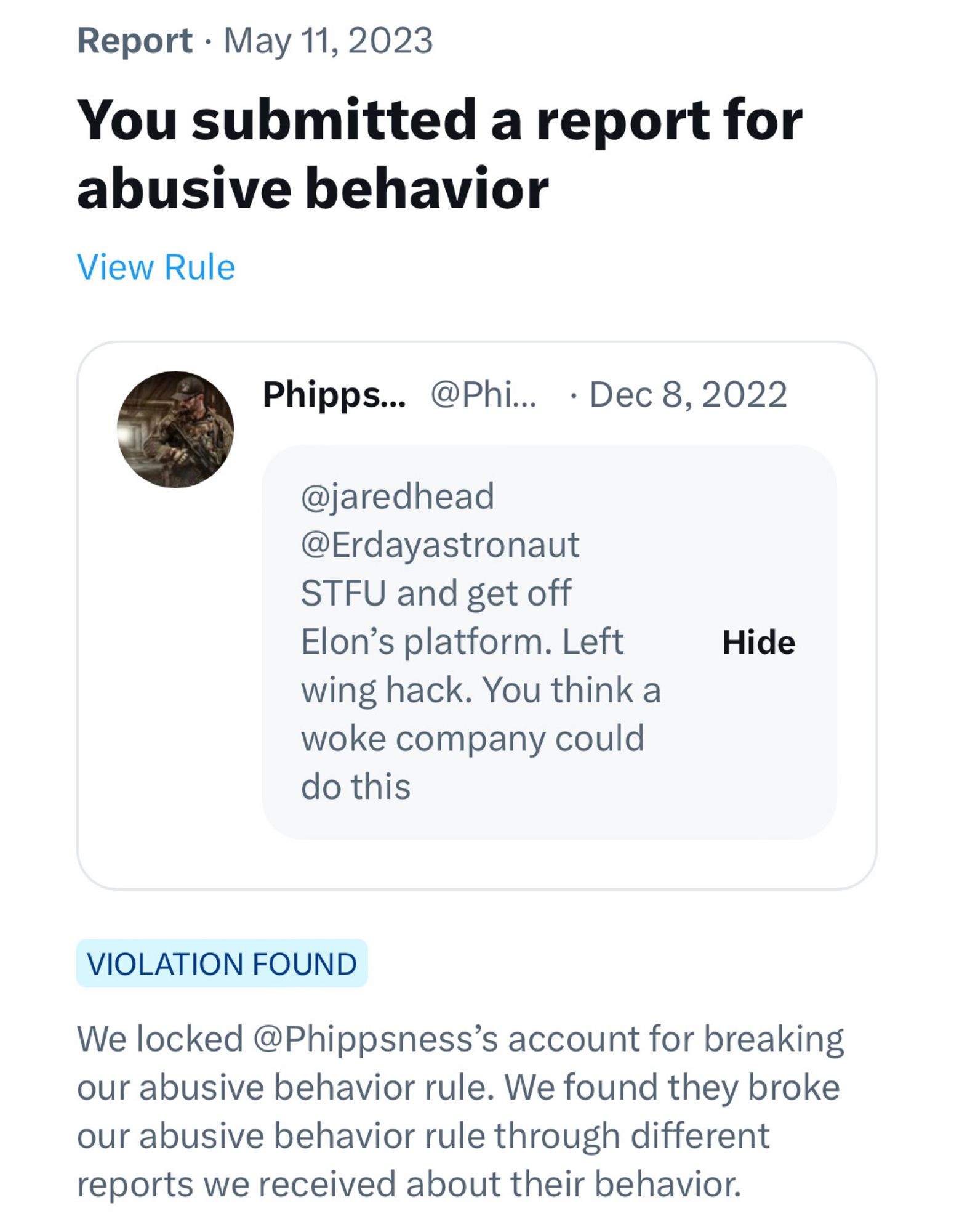 An answer about a tweet I flagged for abusive behavior back in December