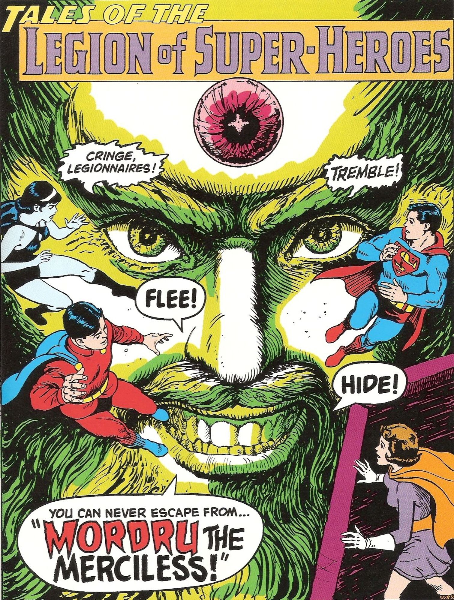 Huge Mordru face, as Shadow Lass, Superboy, Duo Damsel, and Mon-el react in fear.