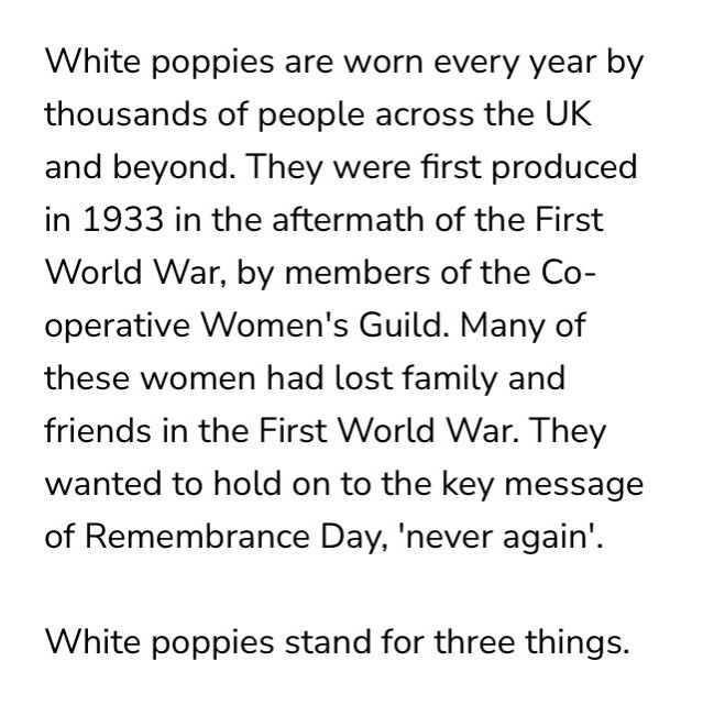 White poppies are worn every year by thousands of people across the UK and beyond. They were first produced in 1933 in the aftermath of the First World War, by members of the Co-operative Women's Guild. Many of these women had lost family and friends in the First World War. They wanted to hold on to the key message of Remembrance Day, ‘never again’. White poppies stand for three things.