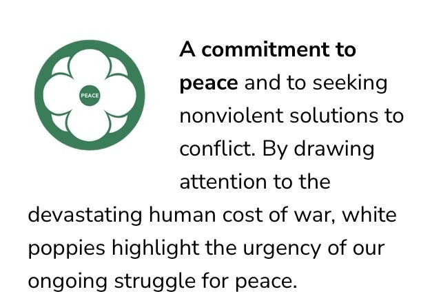 A green icon of a white poppy inside a bold circle. A commitment to peace and to seeking nonviolent solutions to conflict. By drawing attention to the devastating human cost of war, white poppies highlight the urgency of our ongoing struggle for peace.