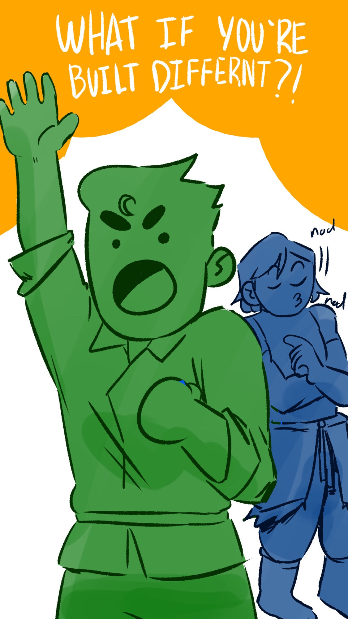 Image of Bolin raising his hand asking “what if you’re built different” while Korra is in the back ground nodding in agreement