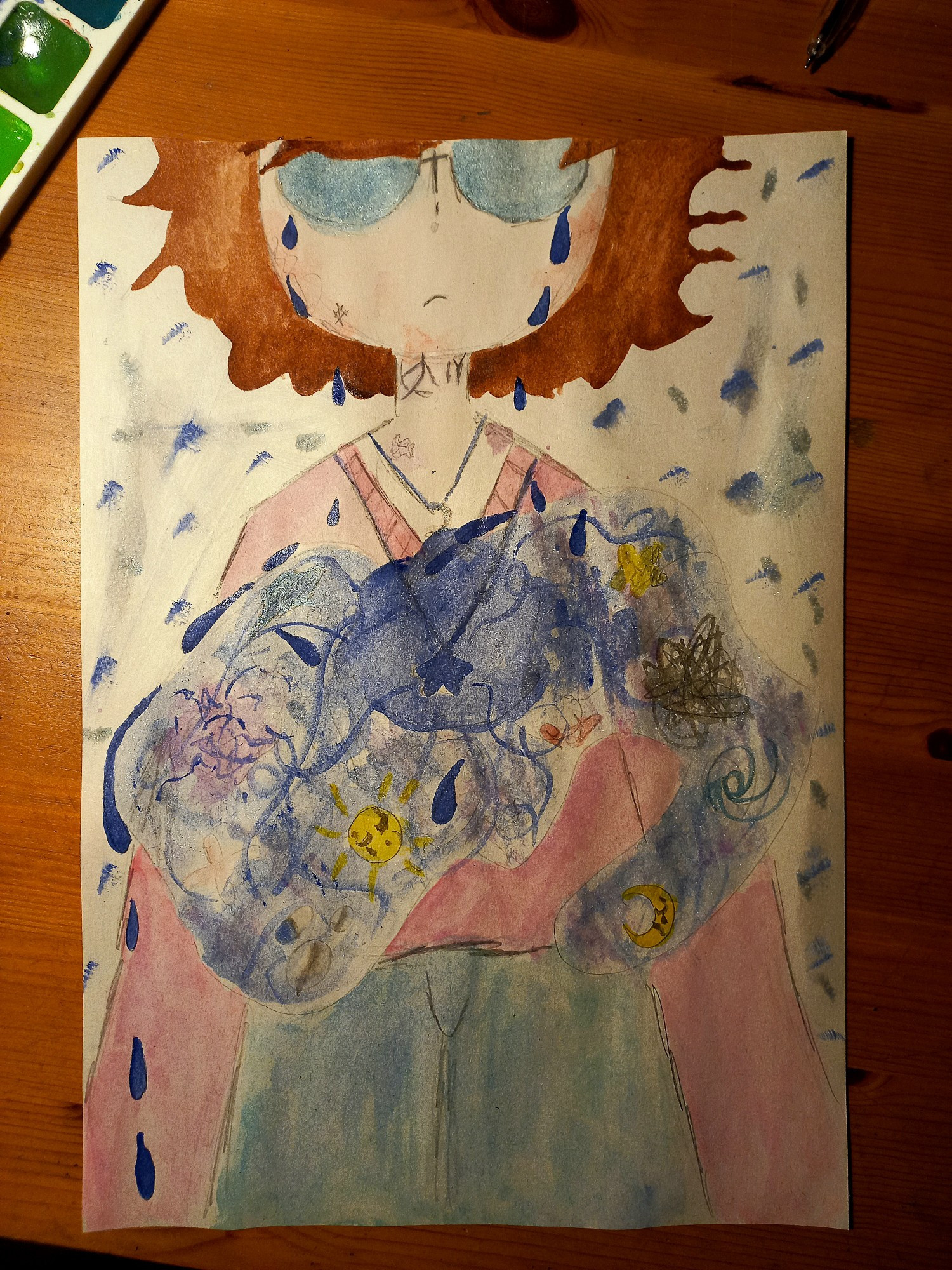 A standing boy with brown hair, blue glitter glasses, light purple jumper and blue pants. Some red color gently spreads across his cheeks. There's some cracks on his neck and two bruises (not hickeys). There's two necklaces; white moon and blue star. The star is on the center of hole in his chest, it opens his body, letting out the energy and feelings outside like some kind of haze where you can see some images lile cryin moon, sun, broken star and black hole, a bruise with veins, anxiety ball, teardrops. He has tears falling down his cheeks on the ground from the left side and tears falling into his body through the hole on the right side. On. The background there's some light and dark blue spots, at some places they're smeared. 