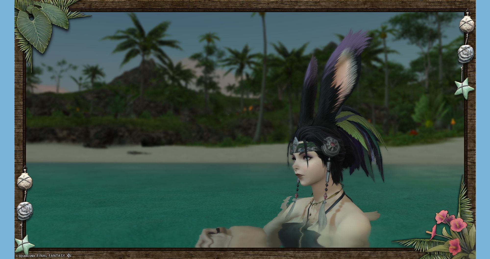 A screenshot from the game FFXIV, prominently featuring a light-skinned viera with black hair, purple tufts on the ears, and a headdress of purple and green feathers. He's sitting up to his neck in the water wearing a bikini top, and in the background is the beach and the forested wilds of the game's Island Sanctuary. The screenshot has a frame that looks like dark wood with hibiscus flowers in the bottom right corner, some kind of broad tropical leaves in the top right corner, and strings of seashells on the other two corners.