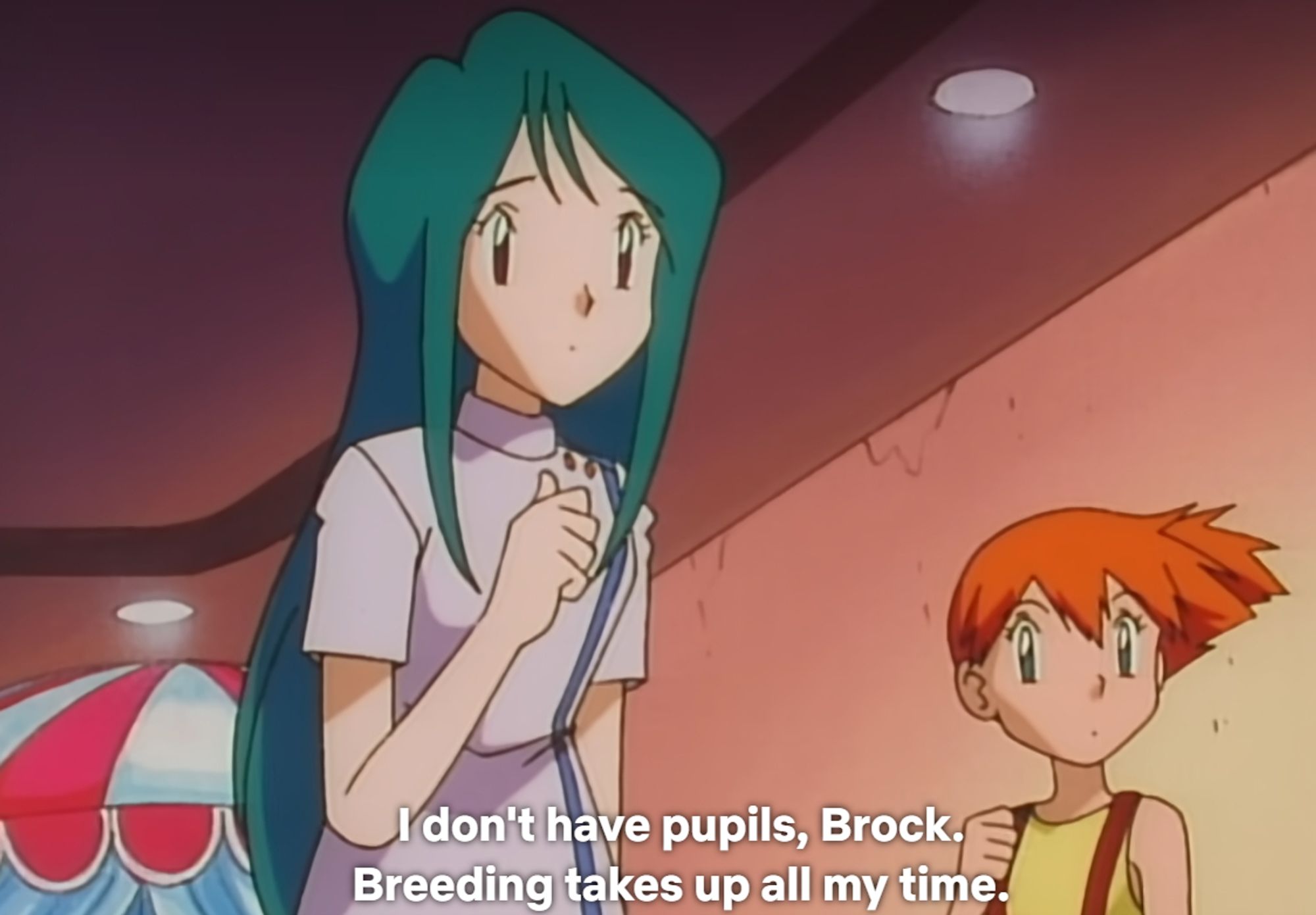 scene from pokemon with a woman saying: I don't take pupils brock, breeding takes up all my time