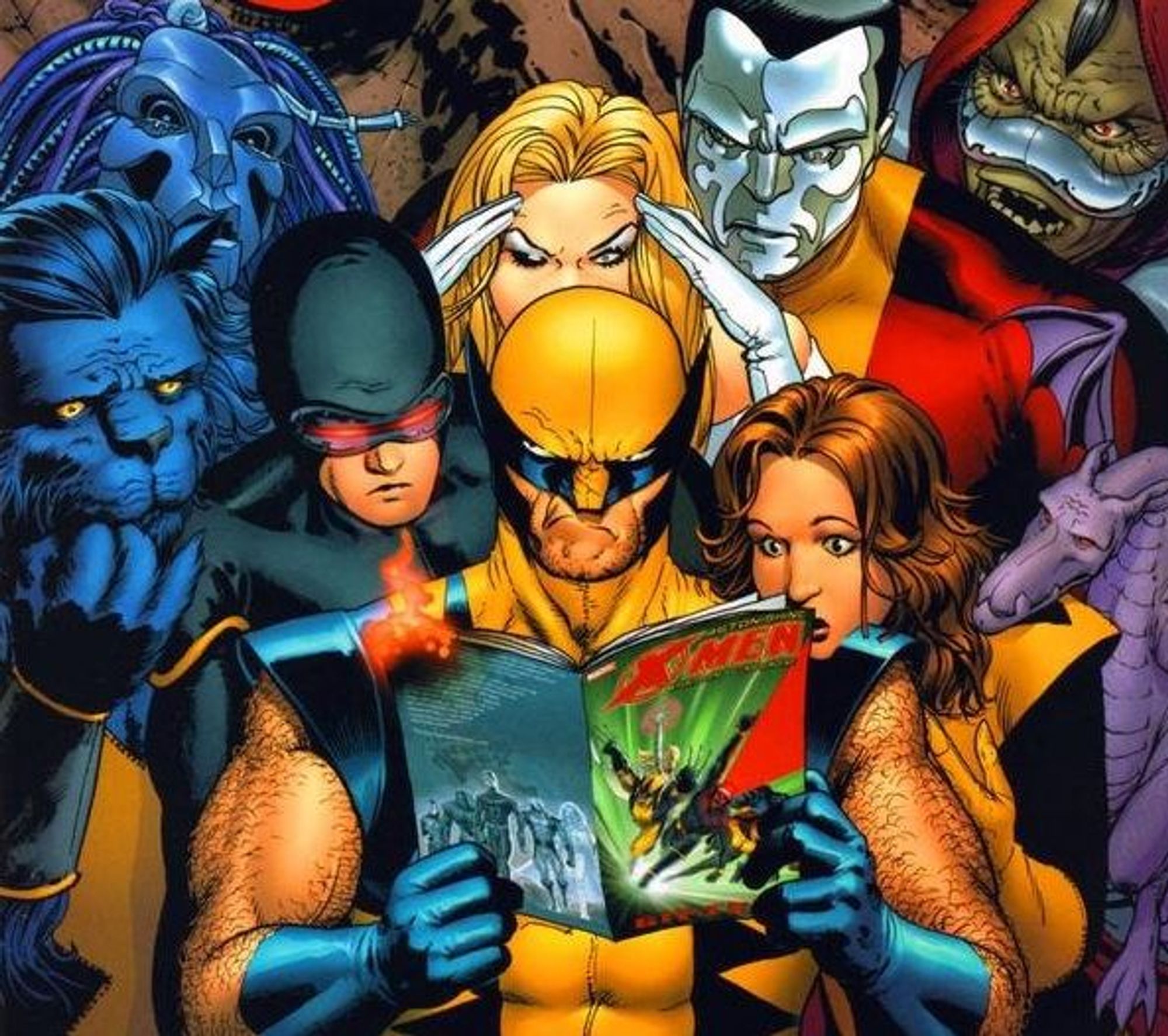 The image depicts a group of X-Men characters gathered around Wolverine, who is reading a comic book titled "X-Men." The characters are all focused on the book, with expressions ranging from curiosity to intense interest. Wolverine is the central figure, his muscular physique and fierce gaze evident. To his left, Beast, sporting his signature blue fur and sharp claws, peers over Wolverine's shoulder. Next to Beast, Cyclops, with his signature visor, seems to be intently observing the comic. Behind Wolverine, Jean Grey, with her blonde hair and contemplative expression, holds her hands to her forehead. On the far right, the brooding and menacing Sabretooth watches with a sinister smile. The image captures the camaraderie and shared fascination of these iconic X-Men heroes as they delve into the world of their adventures.